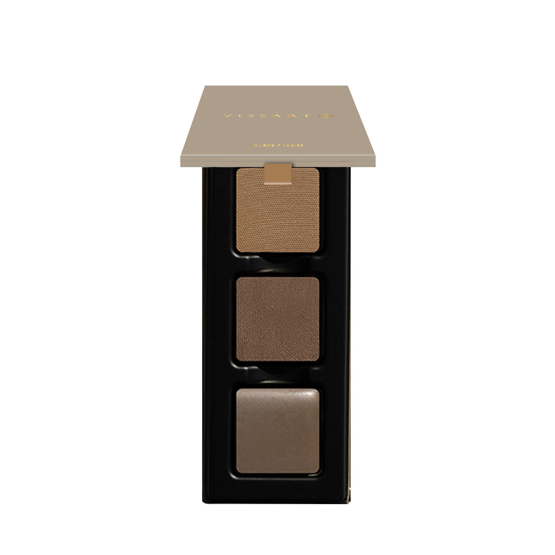 Viseart Brow Trio in Light, open to show wax and two powder shades designed for soft, natural brow sculpting on fair to light tones.
