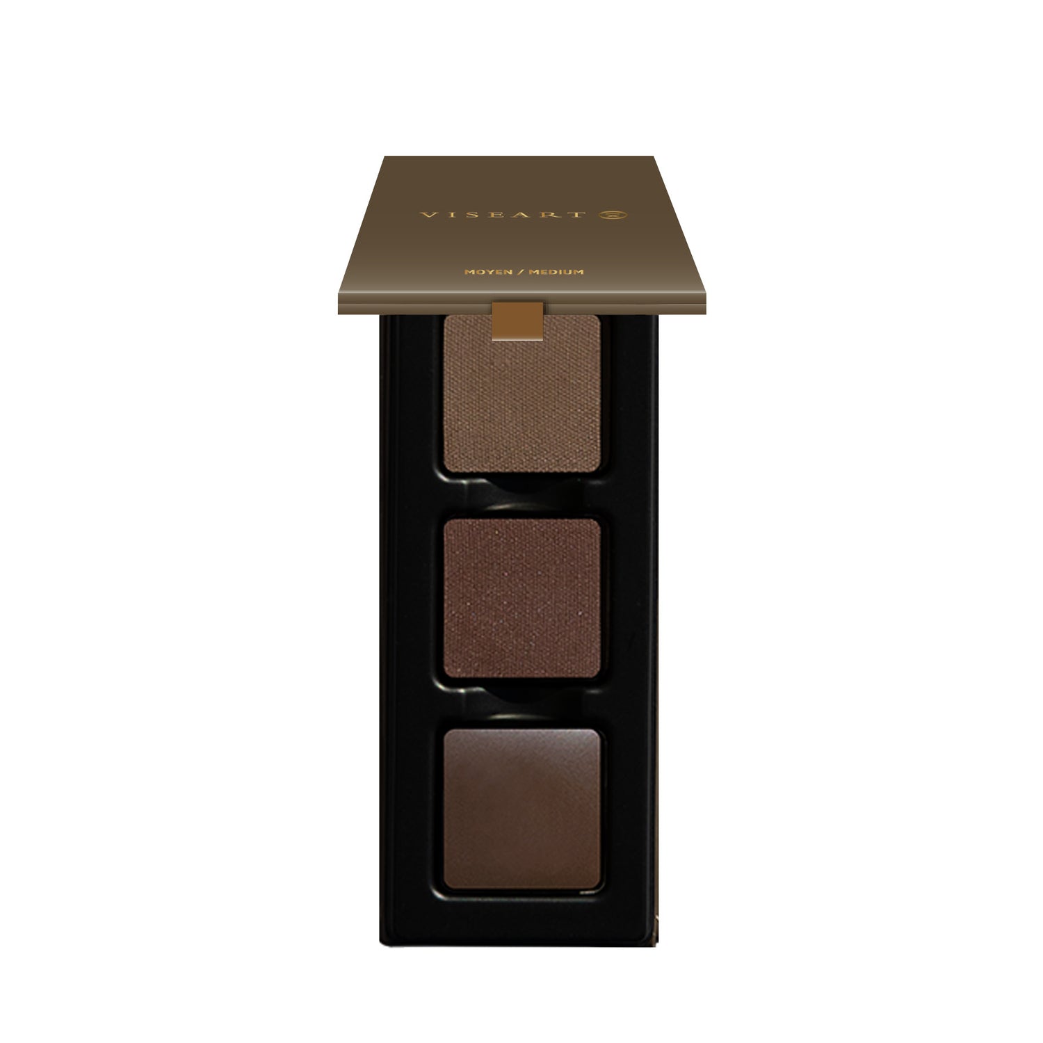 Viseart Brow Trio in Medium, open to show wax and two powder shades designed for soft, natural brow sculpting on fair to light tones.