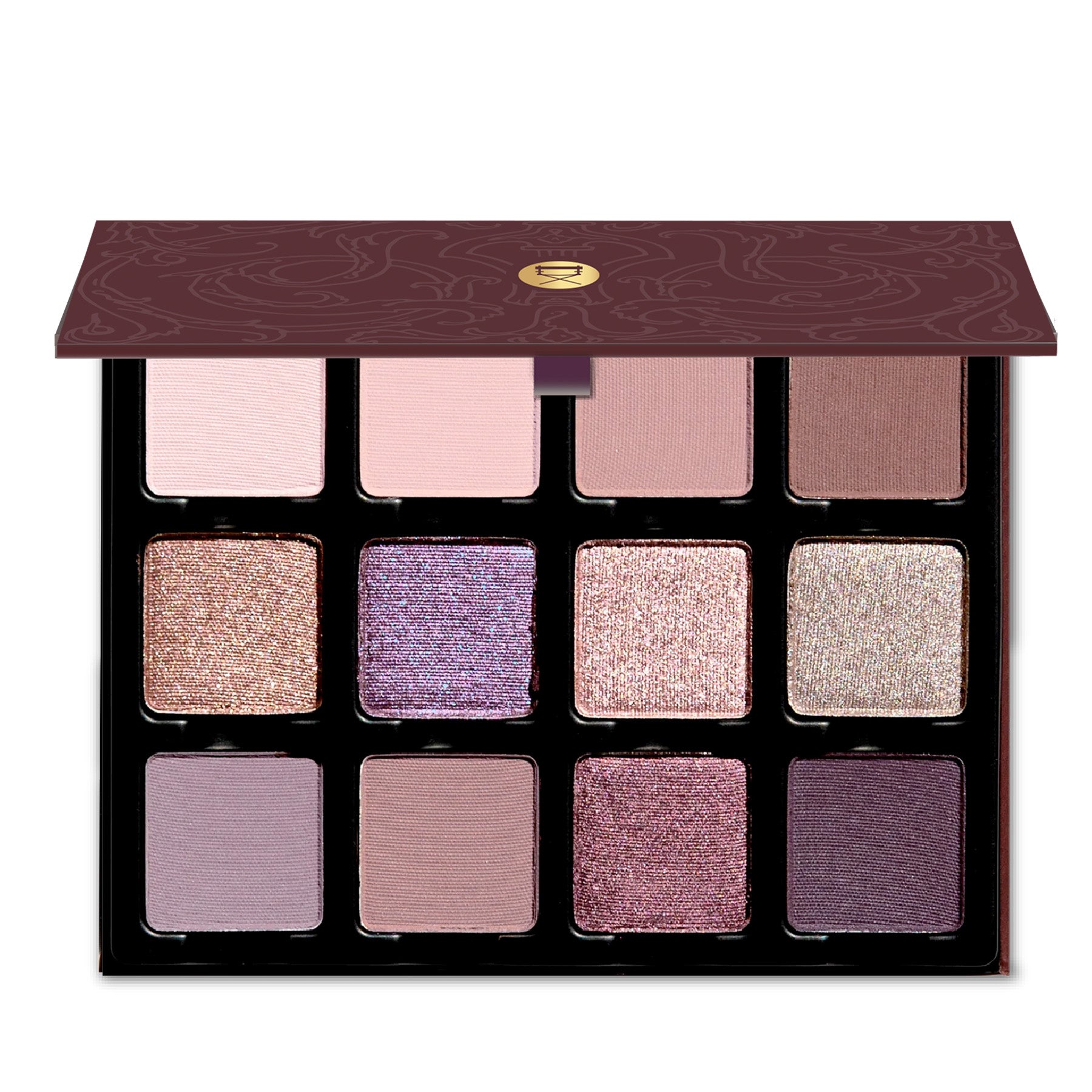 Open Violette Vespertine Étendu palette showing twelve cool violet and taupe shades in matte and shimmer finishes.