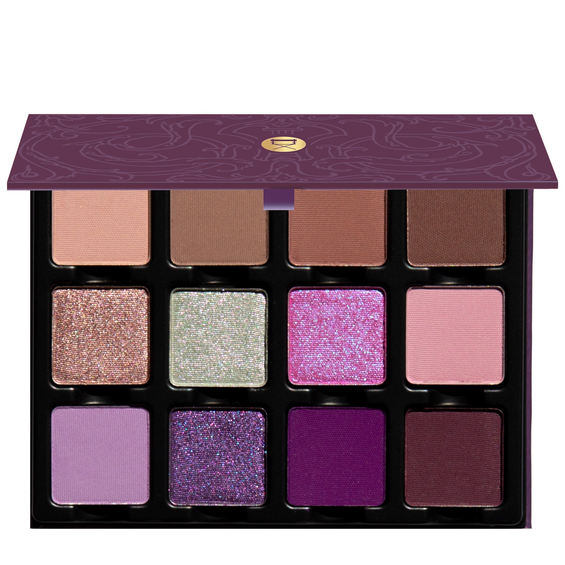 Open Violette Étendu palette with rich purples, soft mauves, and shimmering cool tones in matte and duochrome.