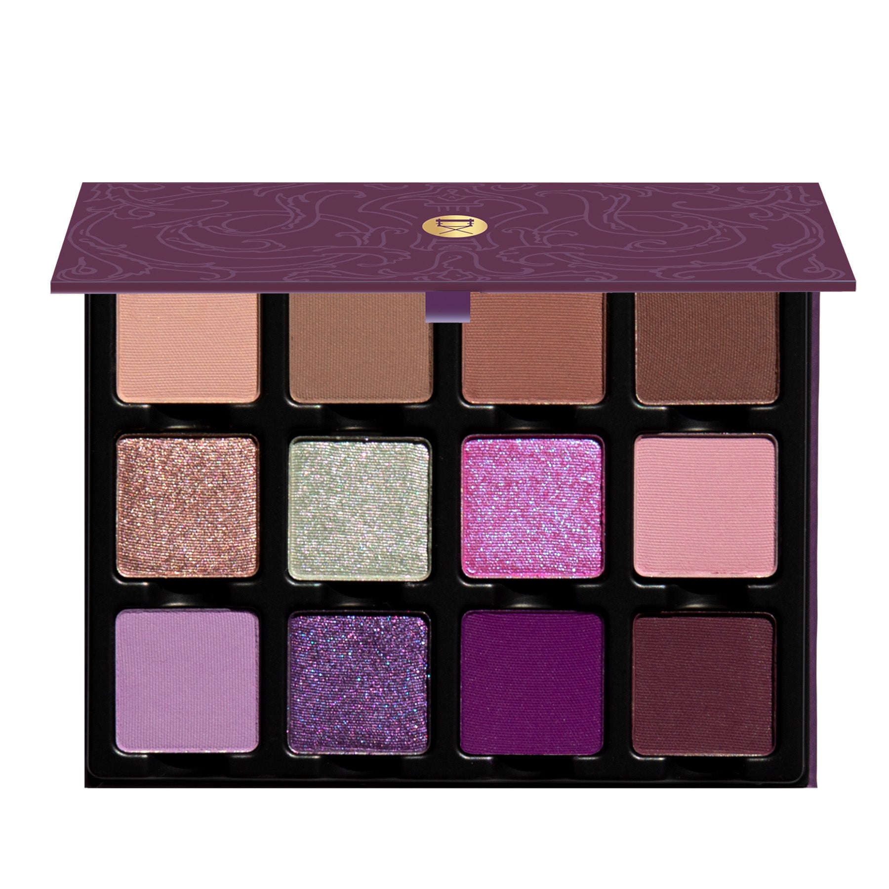 Open Violette Étendu palette with rich purples, soft mauves, and shimmering cool tones in matte and duochrome.