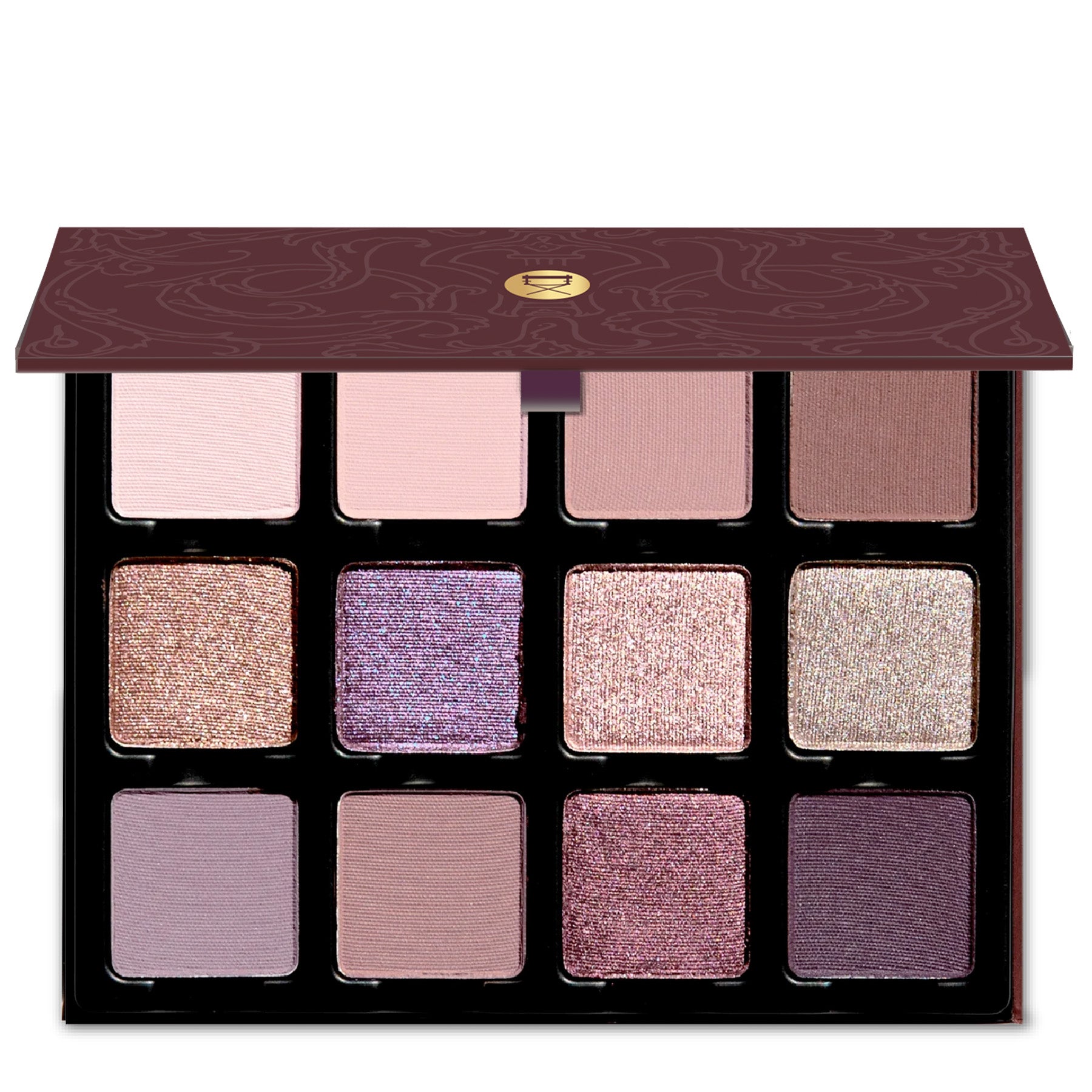 Open Violette Vespertine Étendu palette showing twelve cool violet and taupe shades in matte and shimmer finishes.
