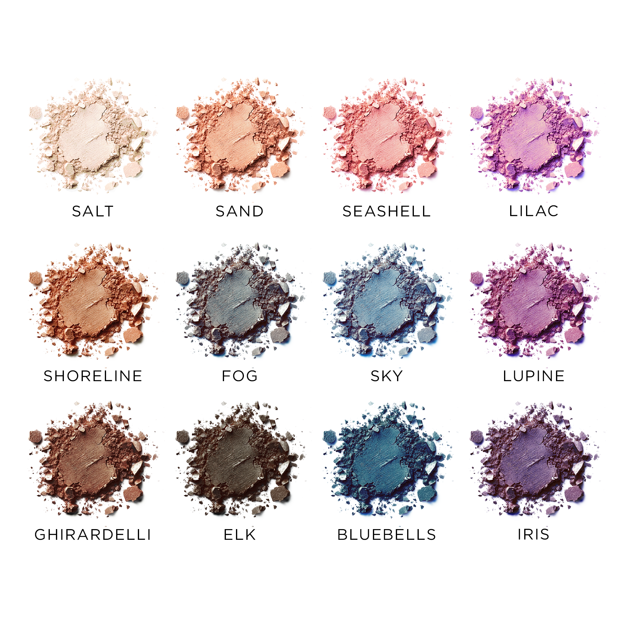 Single shadows featuring cool-toned matte shades from slate to lilac, ideal for contour and sculpting with a modern edge.