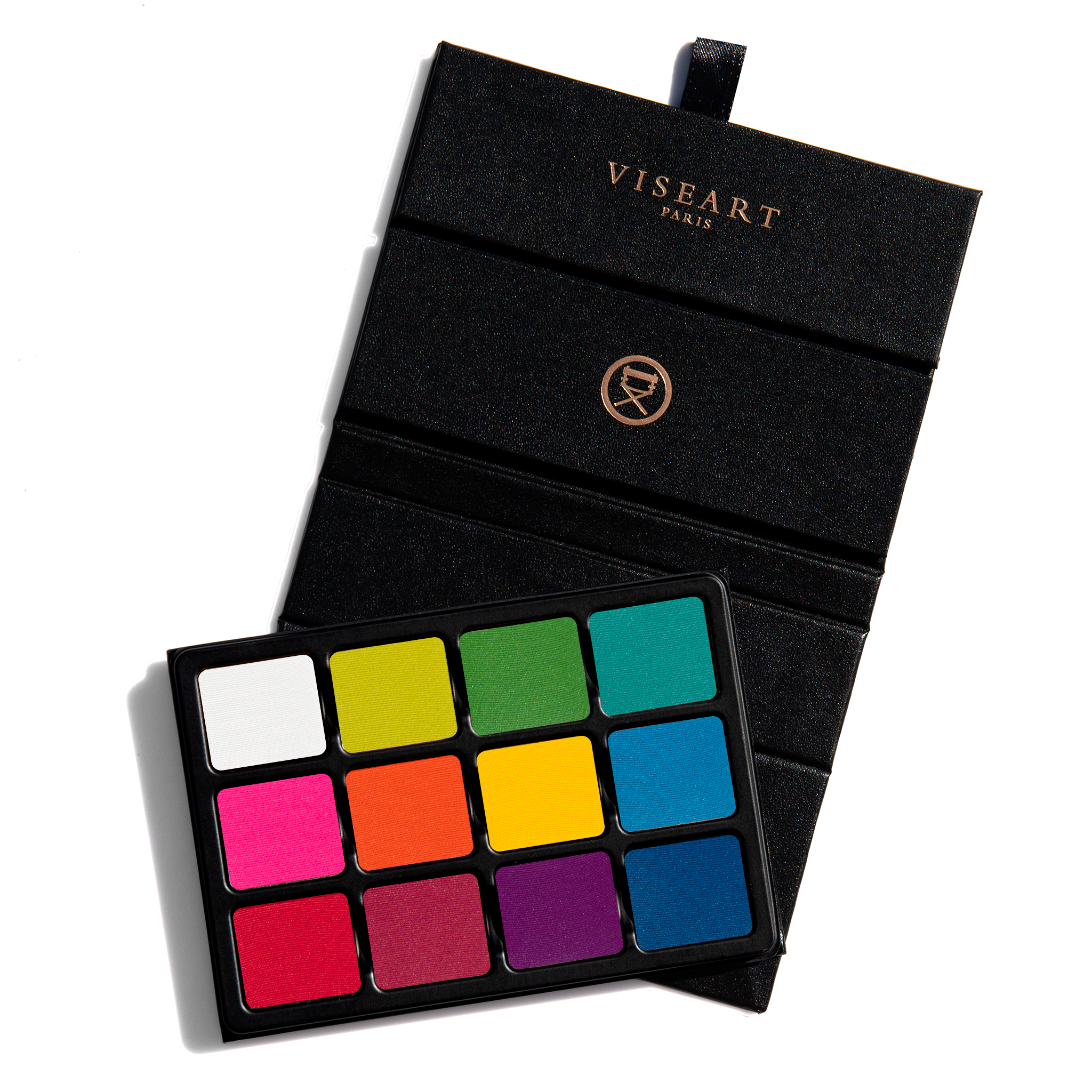 Open palette of 12 vivid matte brights including red, cobalt, yellow, and green, designed for editorial and artistic looks.