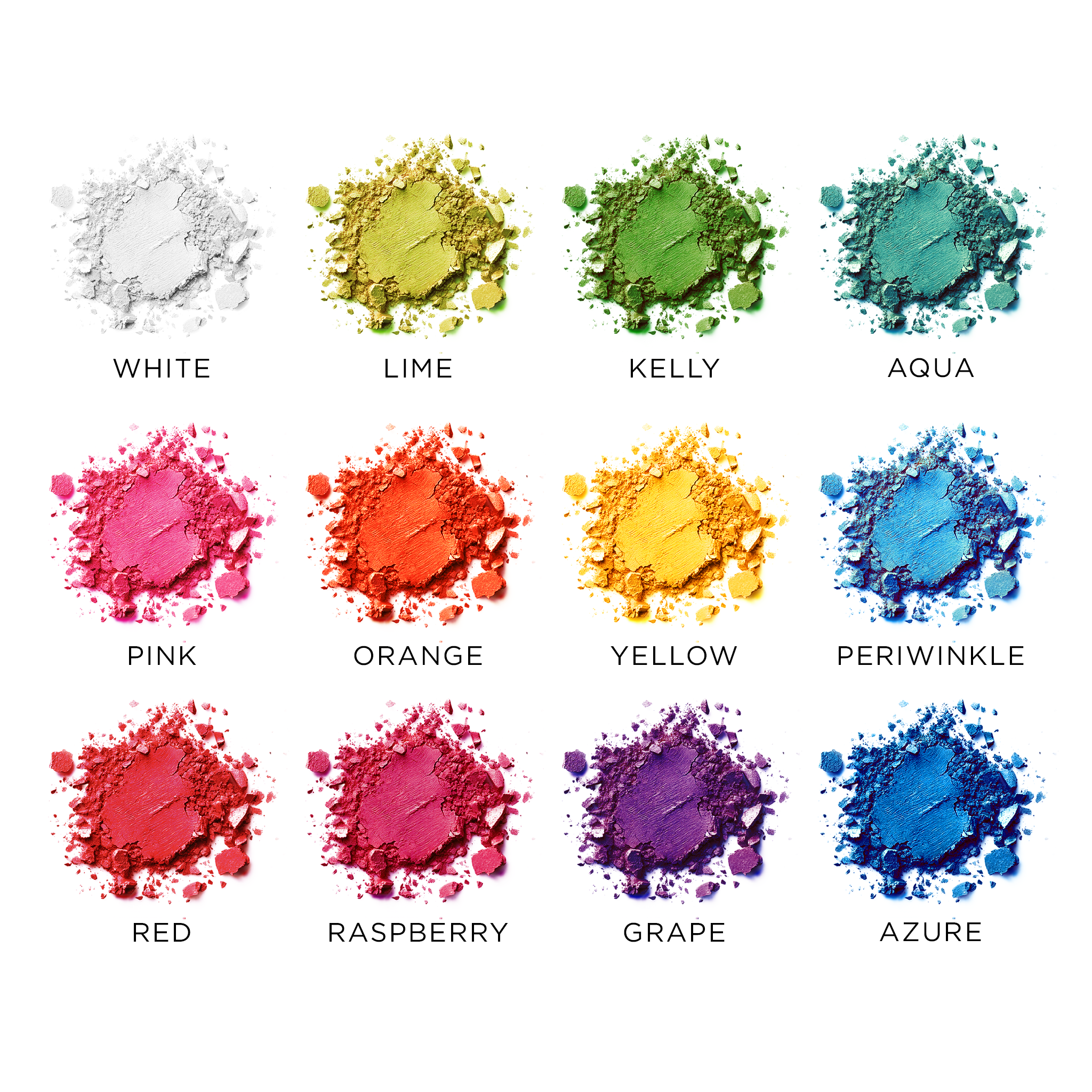 Single Shadows of 12 vivid matte brights including red, cobalt, yellow, and green, designed for editorial and artistic looks.