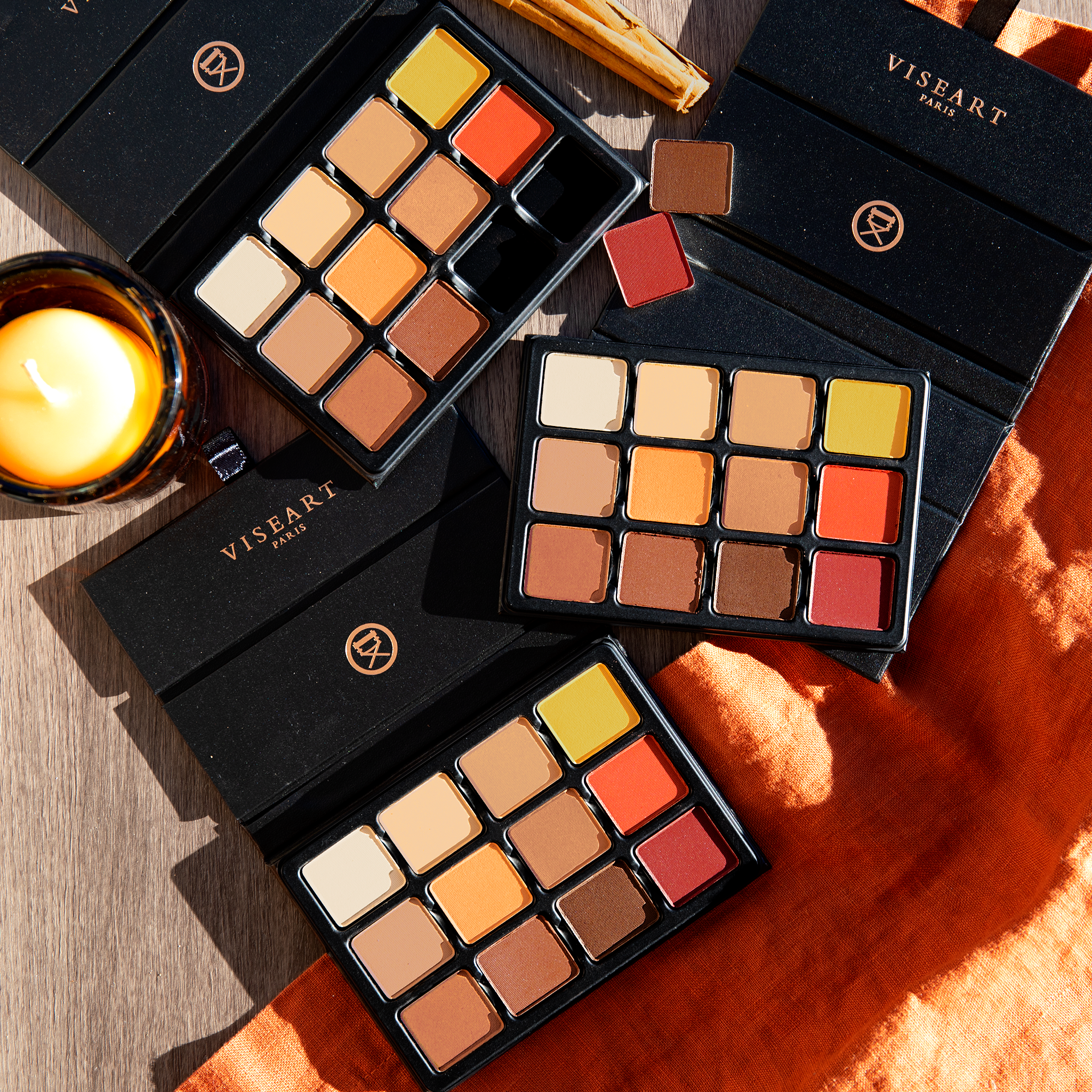 Open palettes showing warm matte tones from peach to deep terracotta, perfect for pro sculpting and warm neutral artistry