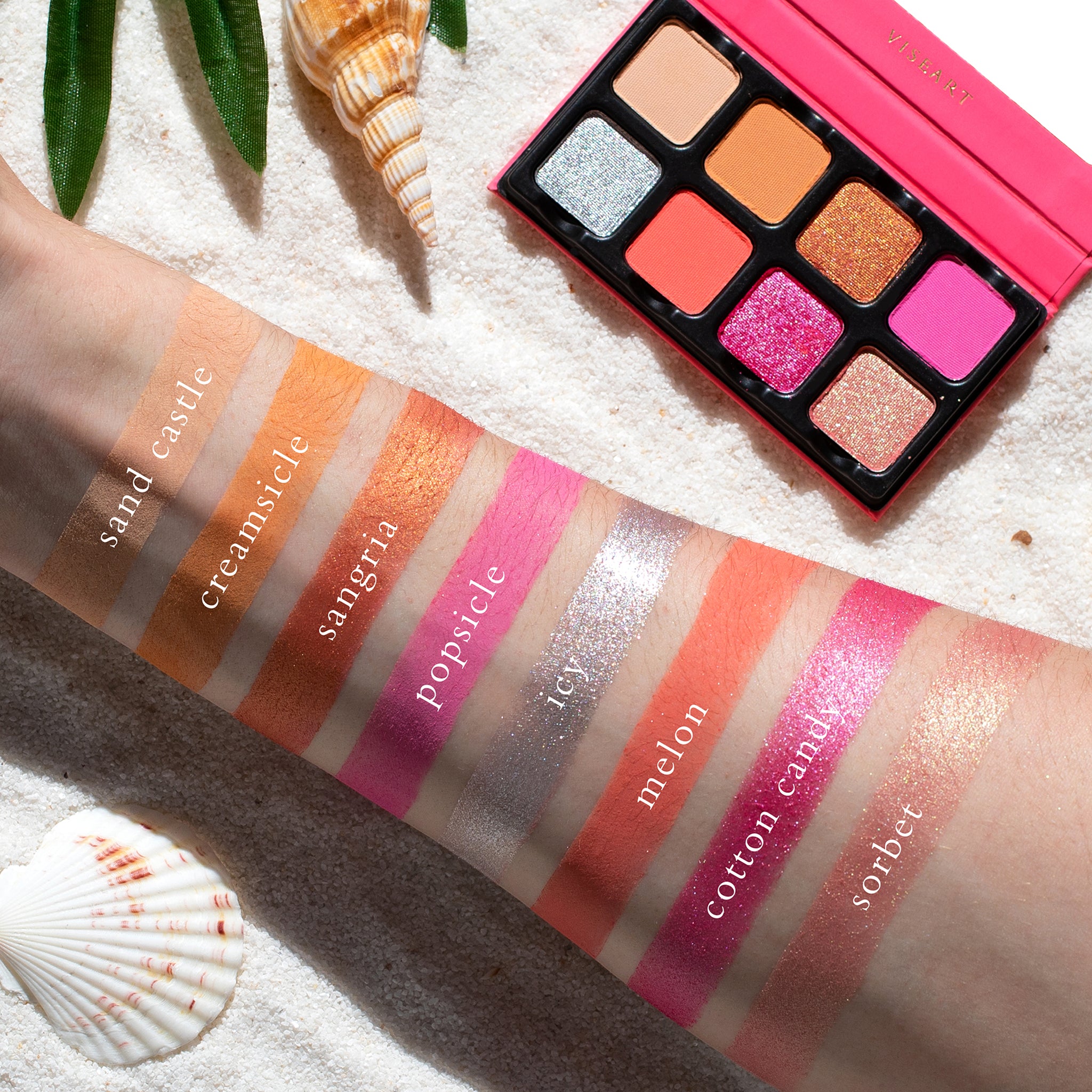 Soft swatches of pastel pink, peach, and lilac tones from Chou Chou on fair skin tone.
