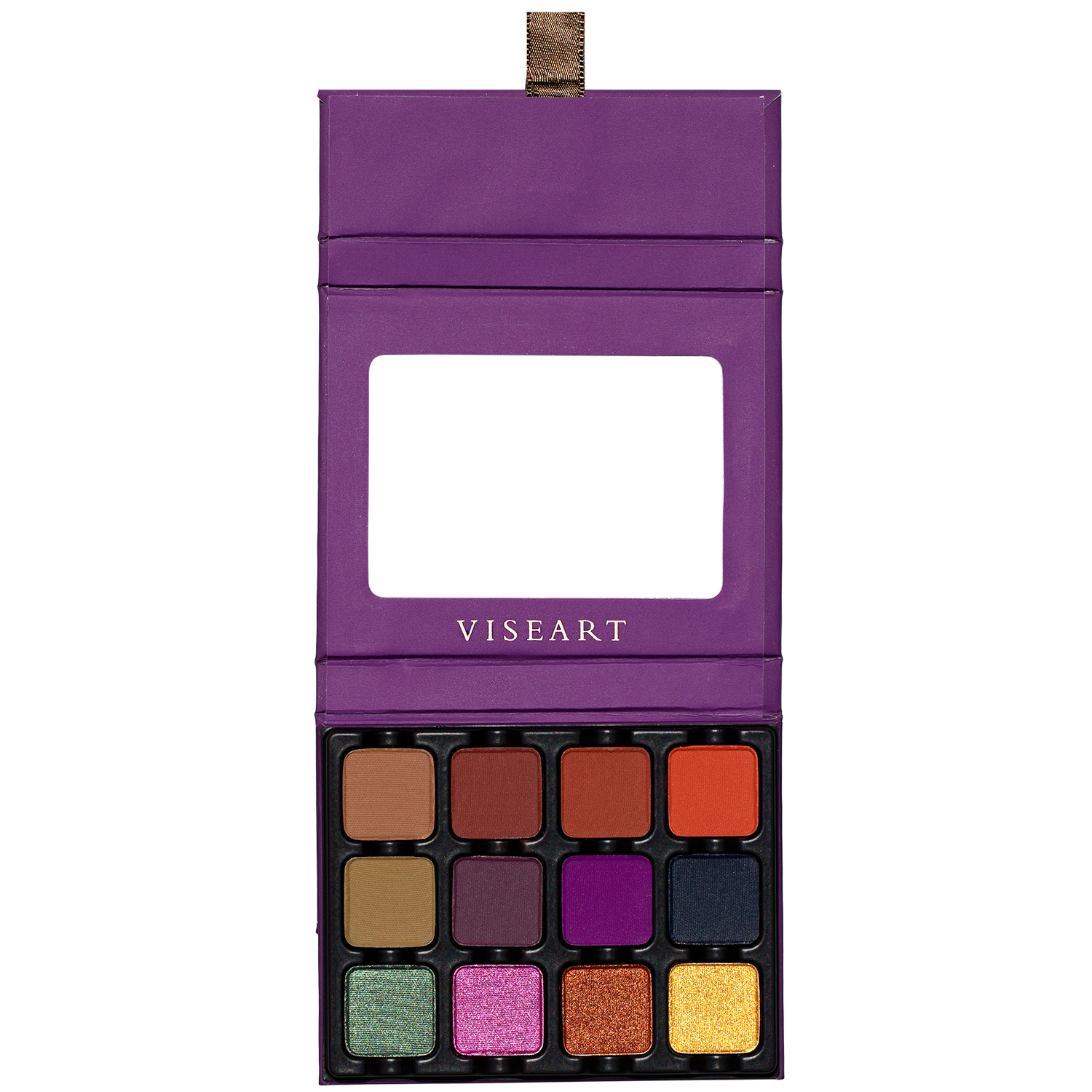 Open Dark Edit eyeshadow palette showing emerald, copper, plum, and gold shades in matte and shimmer finishes.