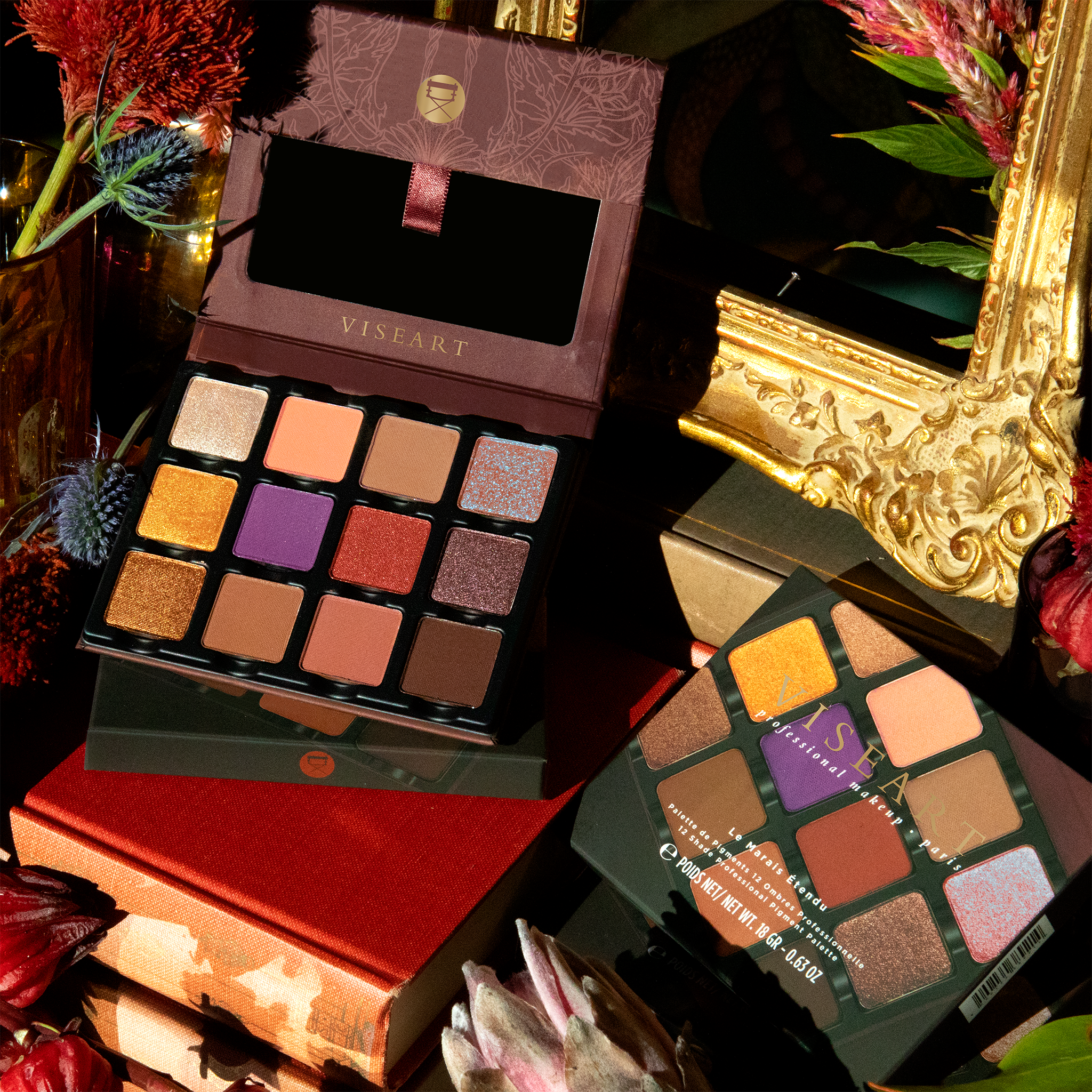 Open palette featuring taupe, espresso, and golden sand tones in matte, shimmer, and satin finishes for soft sculpt.