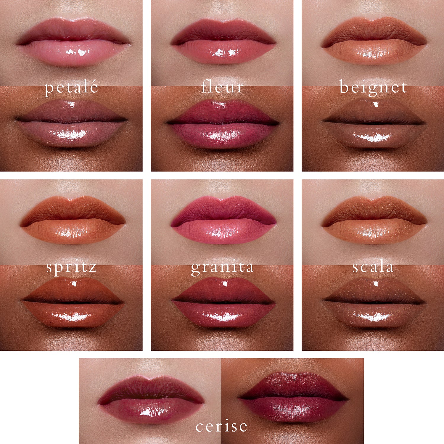 Viseart Moisture Boost Oil Lip Shine in ‘Beignet’ – a clear tube with black cap, containing a neutral nude-tinted lip oil shown on lips