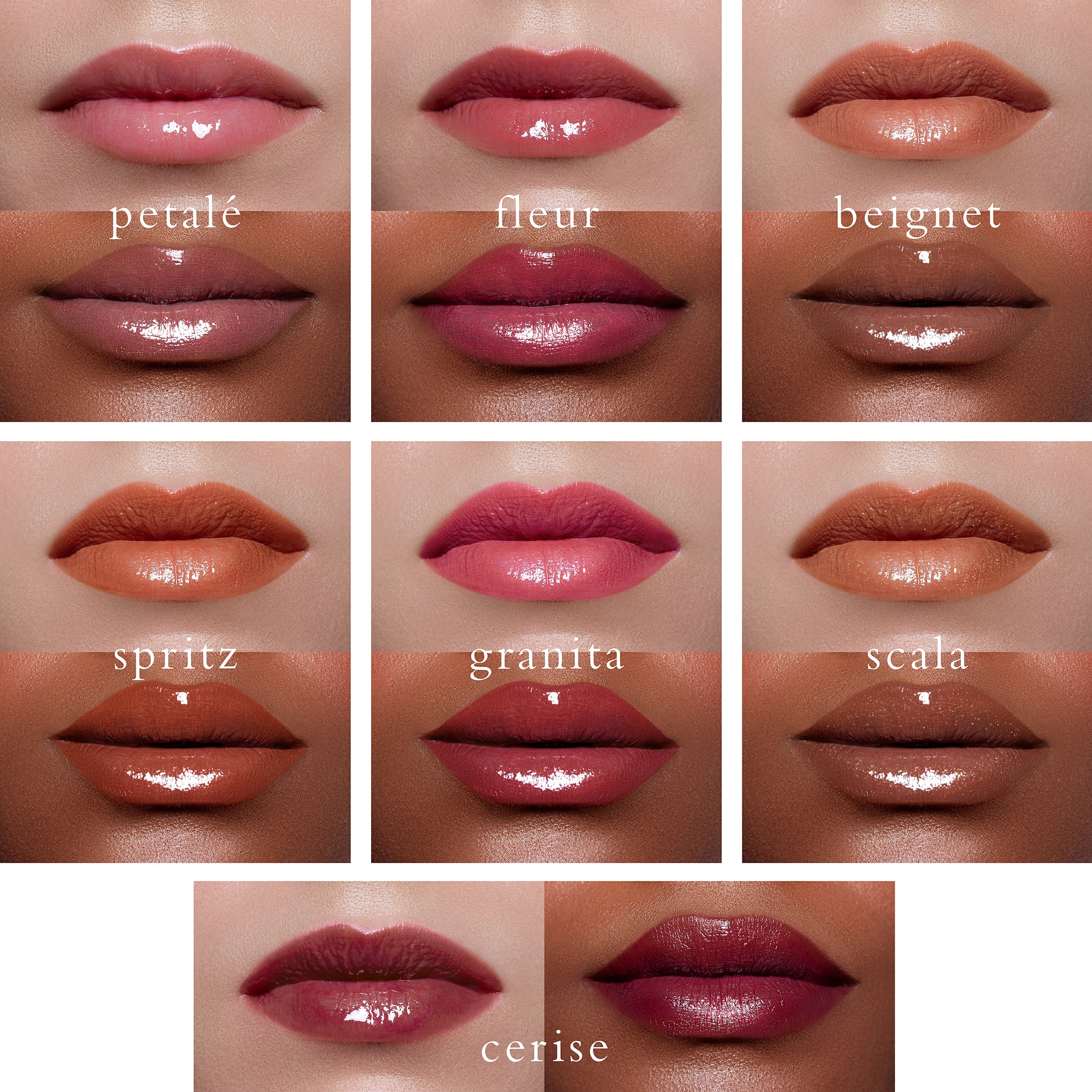 Viseart Moisture Boost Oil Lip Shine in ‘Cerise’ – a clear tube with black cap, holding a cherry red-tinted lip oil shown on lips