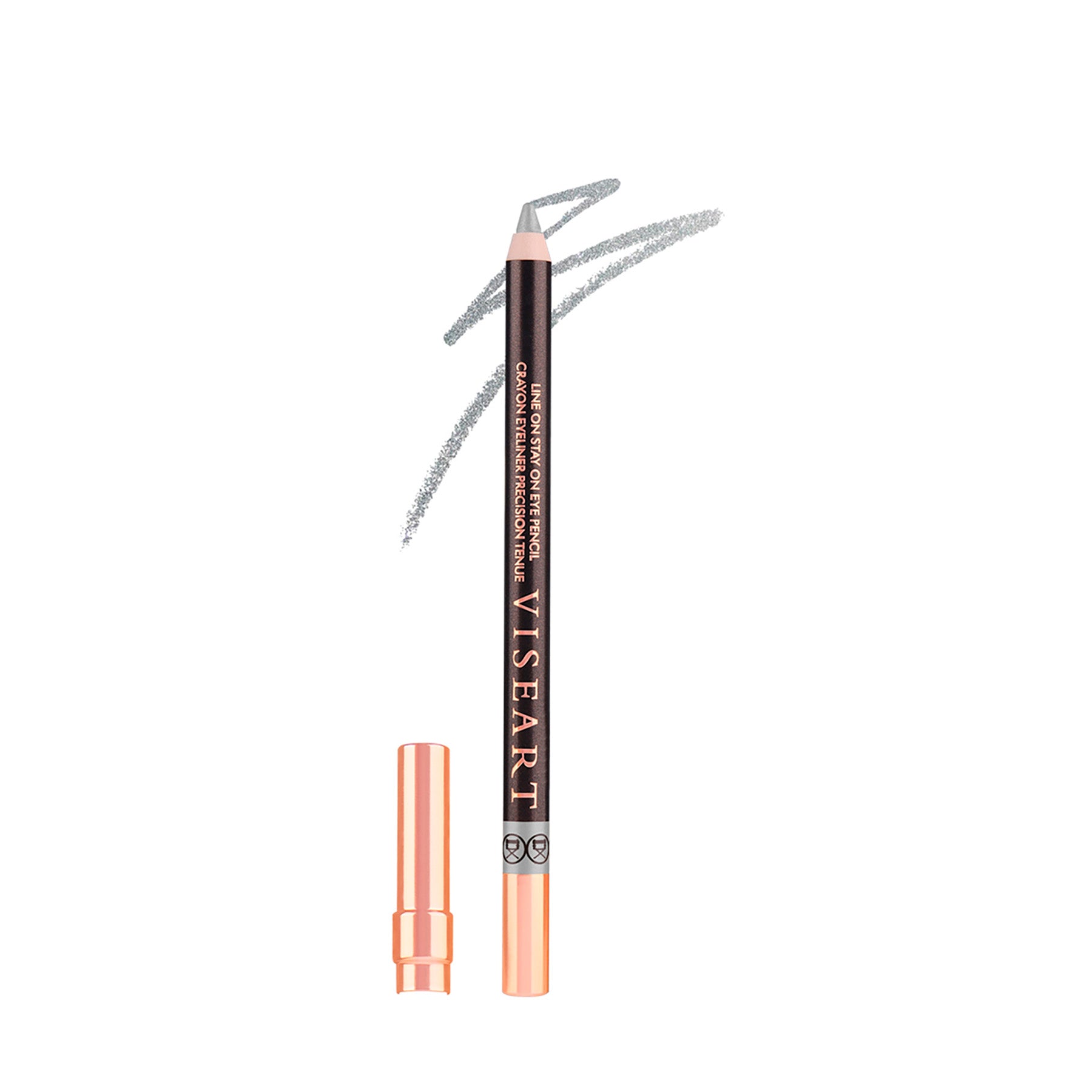Viseart Metallic Blaze Eye Pencil — a deep espresso brown pencil with a metallic silver end cap, highlighting the shimmering silver eyeliner shade.