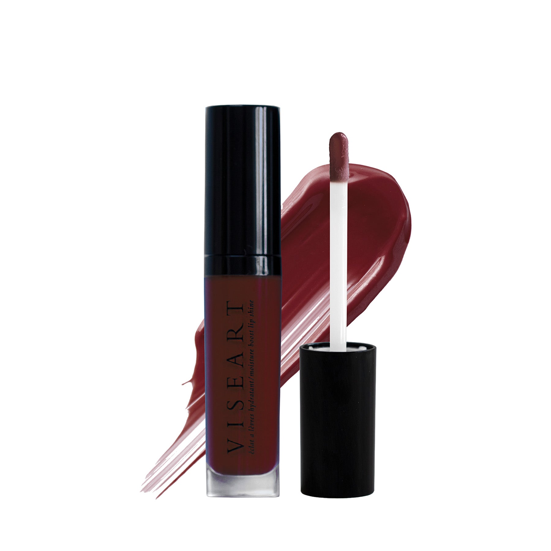 Viseart Moisture Boost Oil Lip Shine in ‘Cerise’ – a clear tube with black cap, holding a cherry red-tinted lip oil.