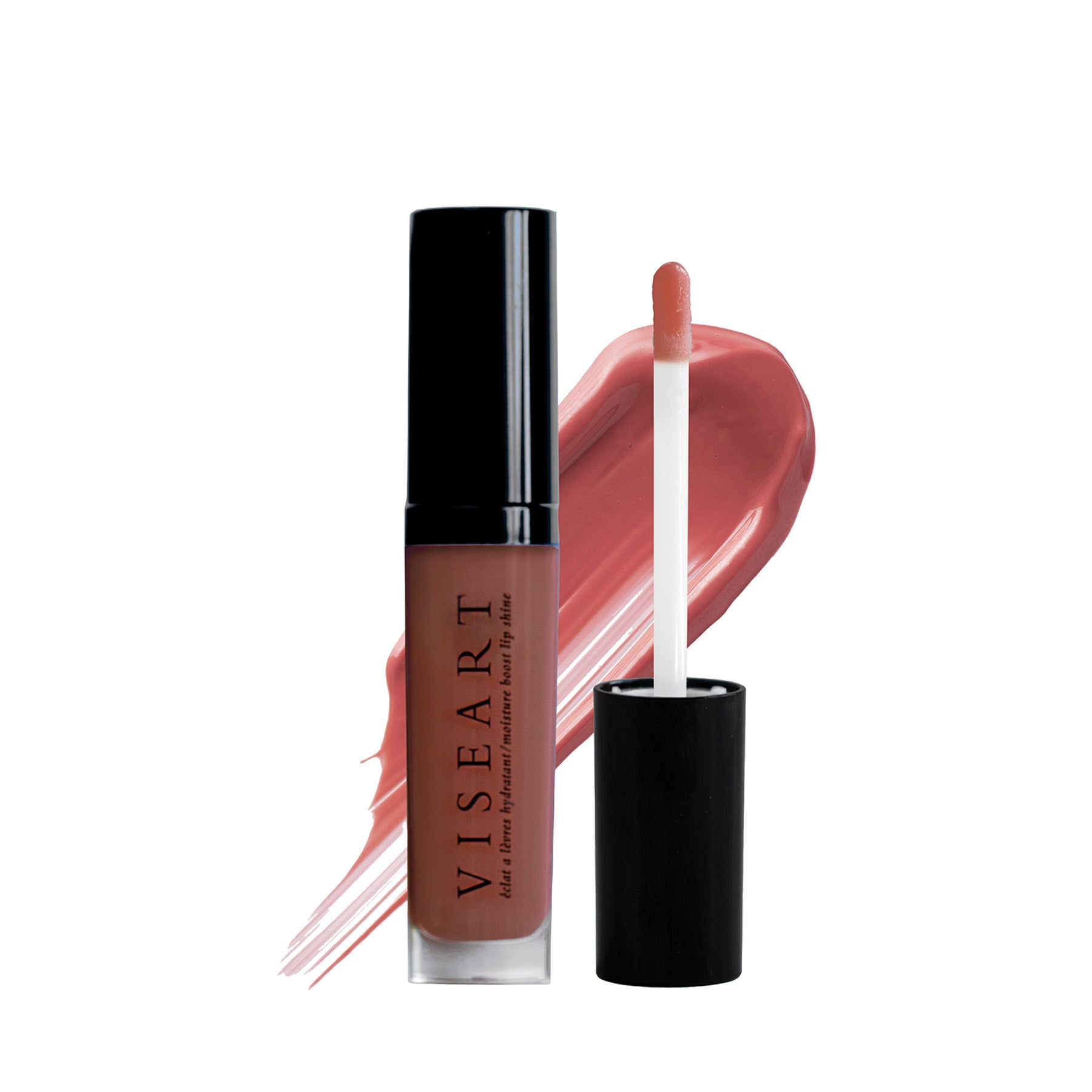 Viseart Moisture Boost Oil Lip Shine in ‘Fleur’ – a clear tube with black cap, containing a light pink-tinted lip oil.