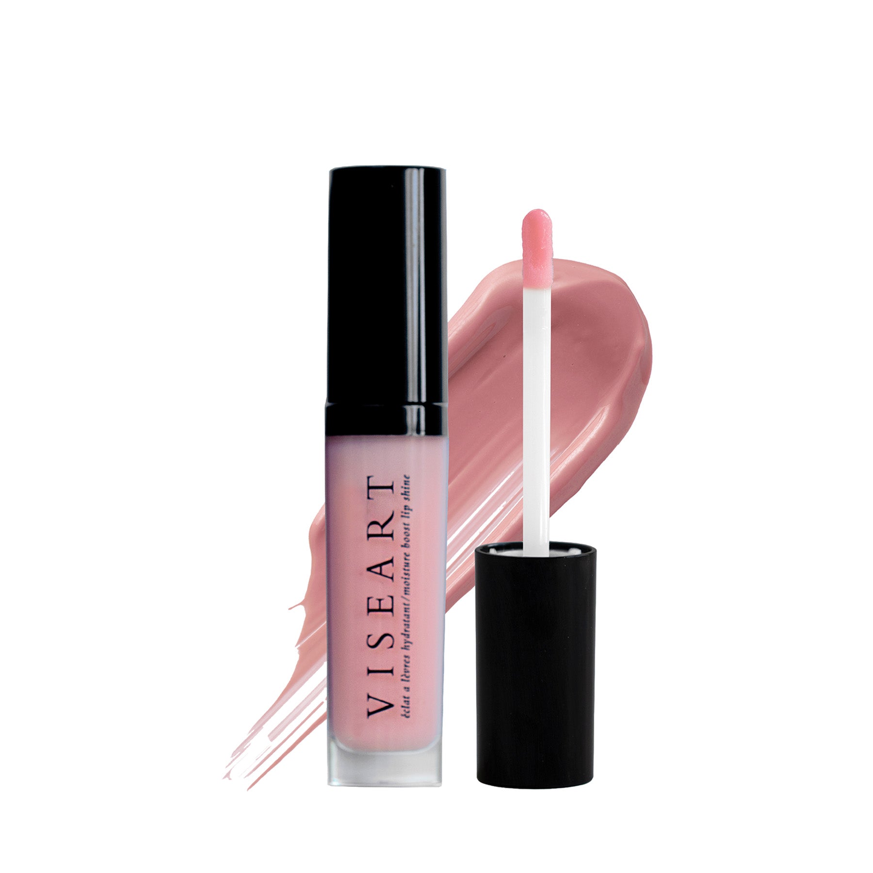Viseart Moisture Boost Oil Lip Shine in ‘Petalé’ – a clear tube with black cap, featuring a soft rose-tinted lip oil.