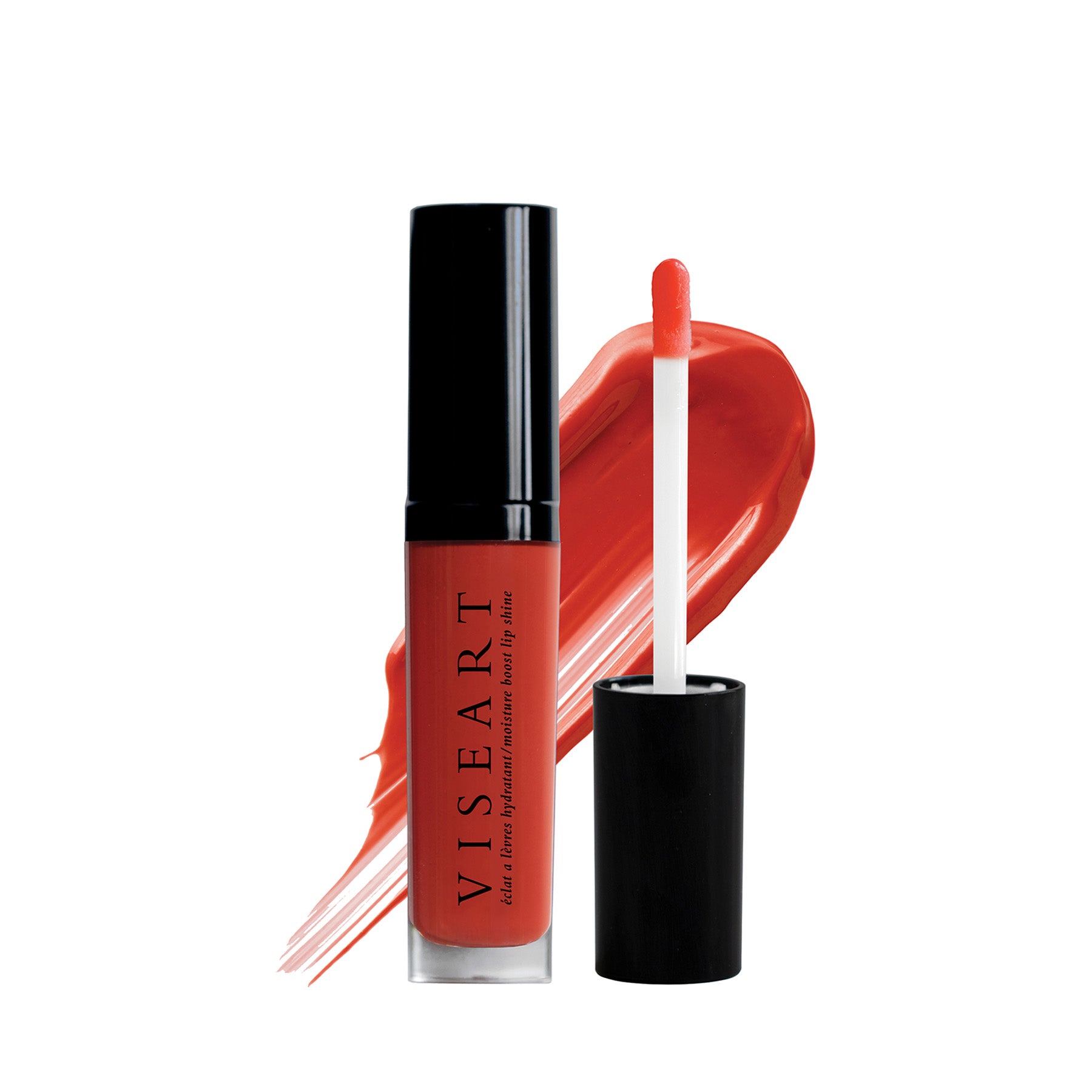 Viseart Moisture Boost Oil Lip Shine in ‘Spritz’ – a clear tube with black cap, presenting a bright orange-tinted lip oil