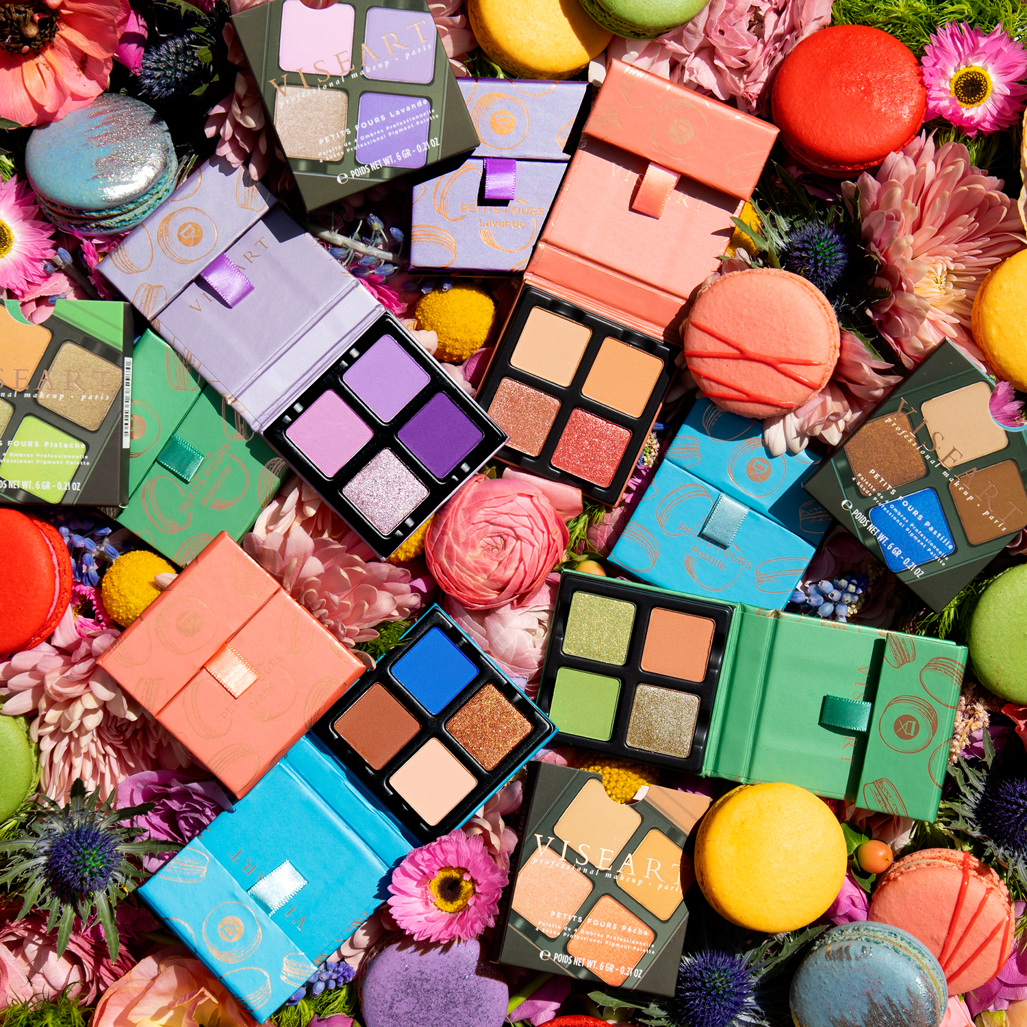 Petits Fours Pastille shown with bold and neutral Petits Fours palettes.