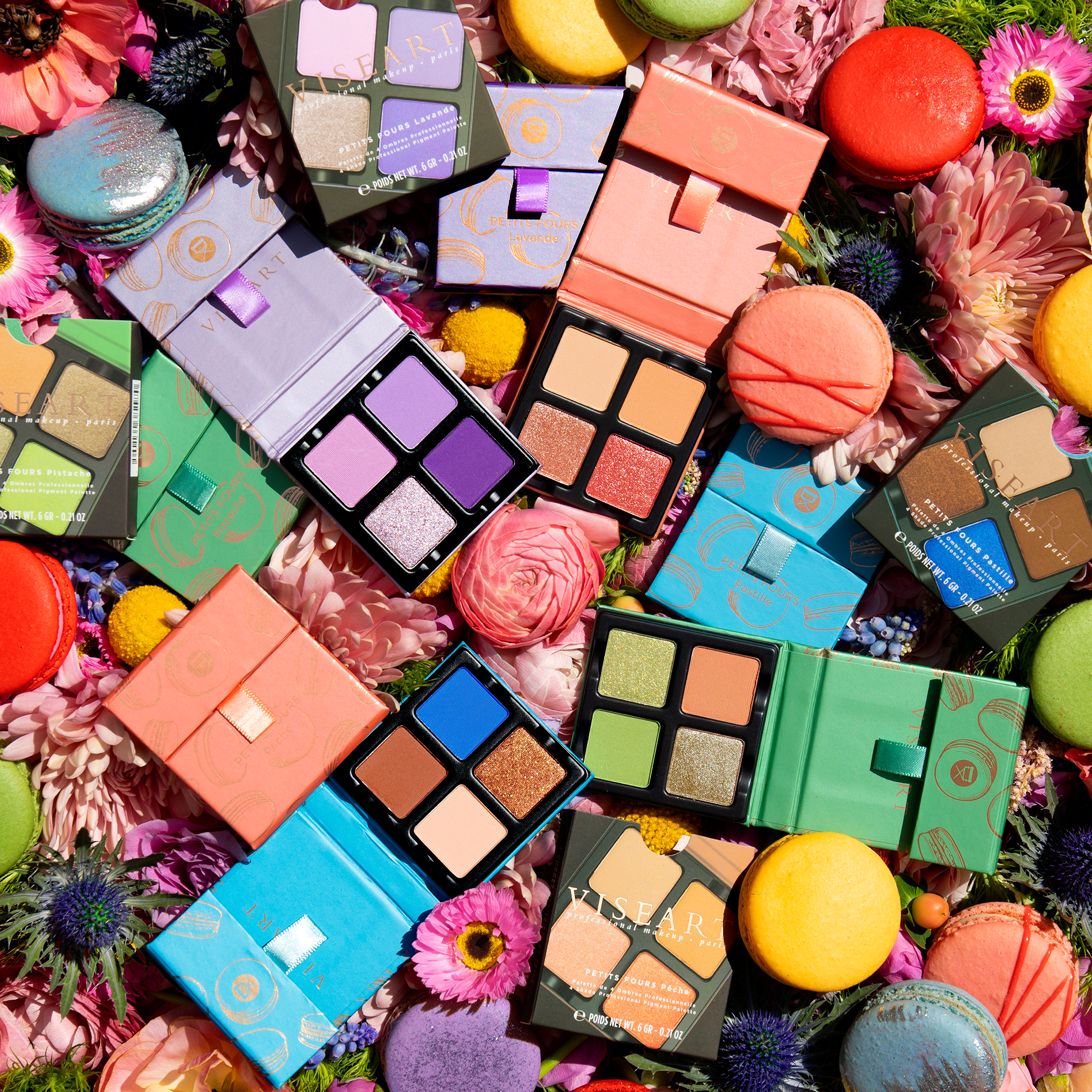 Petits Fours Pastille shown with bold and neutral Petits Fours palettes.