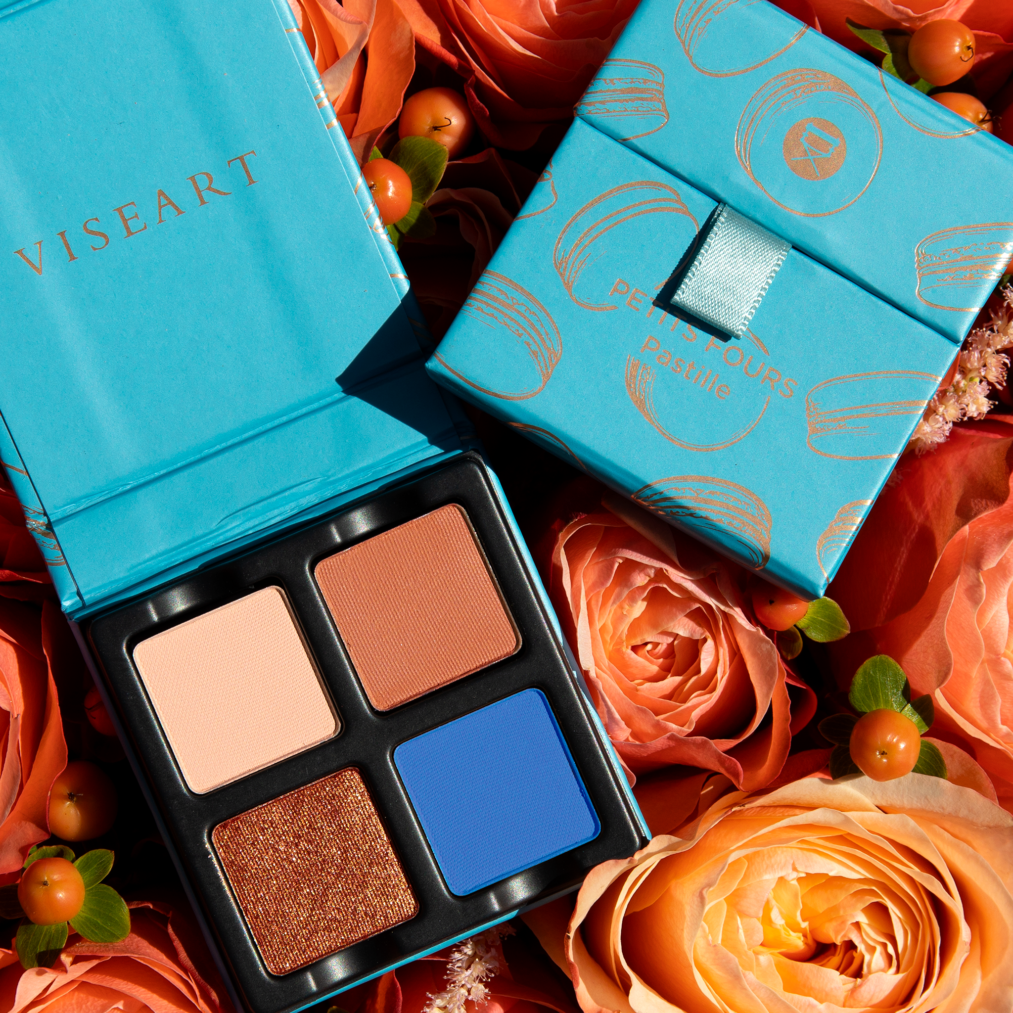 Closed view of Petits Fours Pastille palette with cream matte, rich brown, caramel shimmer, and cobalt blue accent.