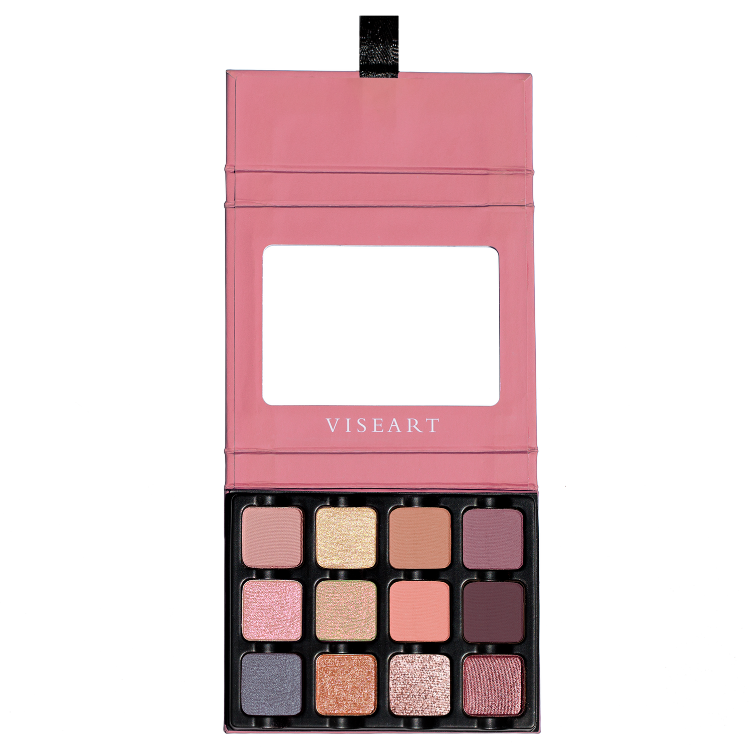 Open Paris Edit 12-pan palette on a white background showcasing swatches of dusty pink, mauve, camel brown, and smoky purple in matte, metallic, and satin finishes.