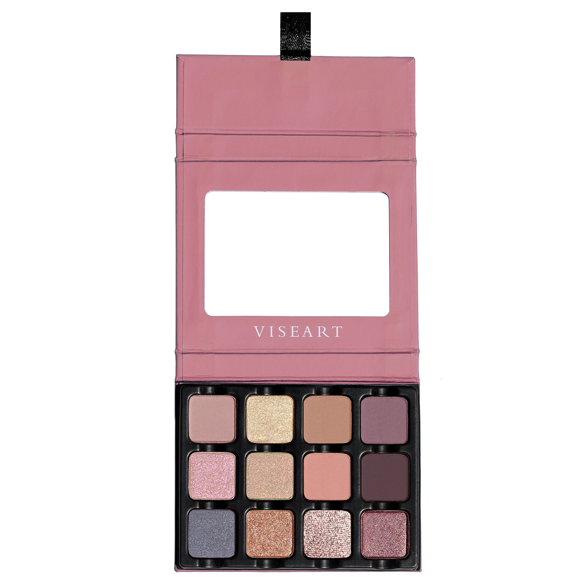 Open Paris Edit 12-pan palette on a white background showcasing swatches of dusty pink, mauve, camel brown, and smoky purple in matte, metallic, and satin finishes.