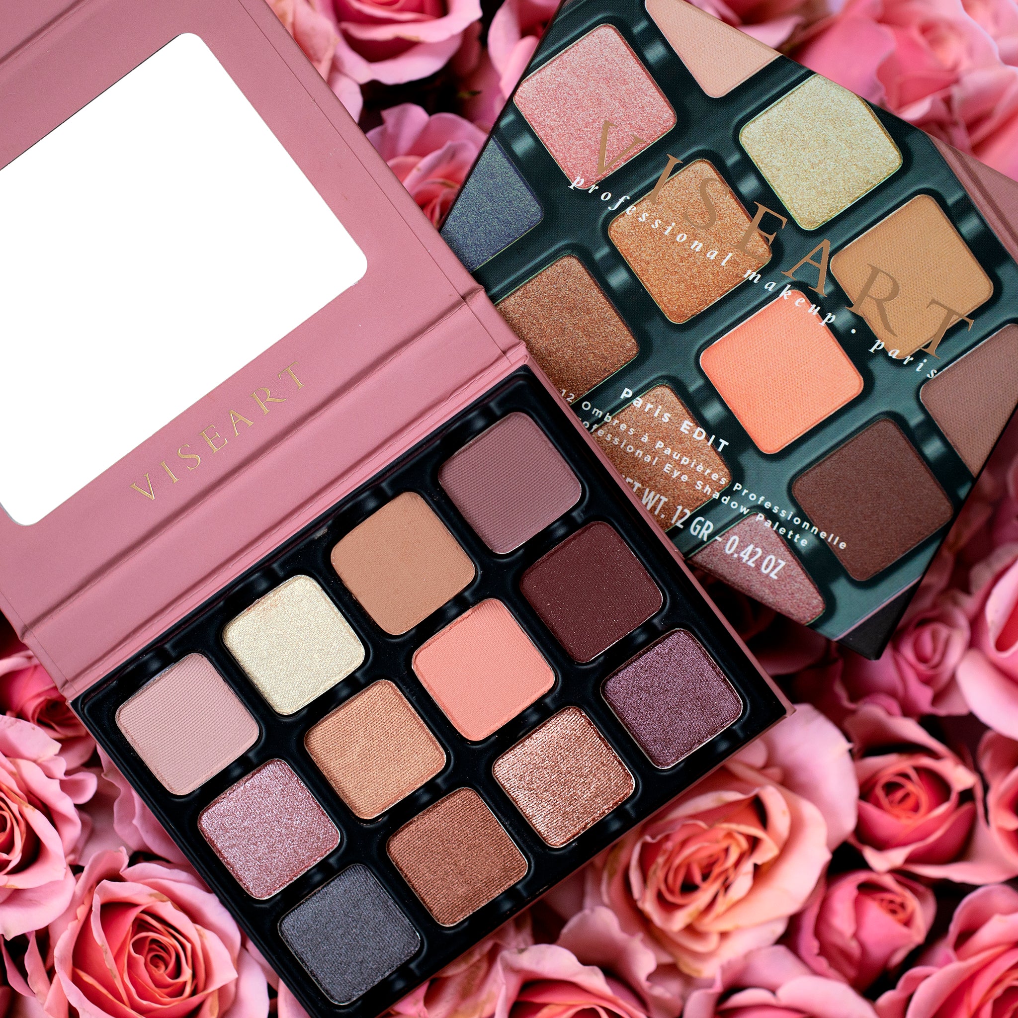 Open Paris Edit 12-pan palette on a white background showcasing swatches of dusty pink, mauve, camel brown, and smoky purple in matte, metallic, and satin finishes.