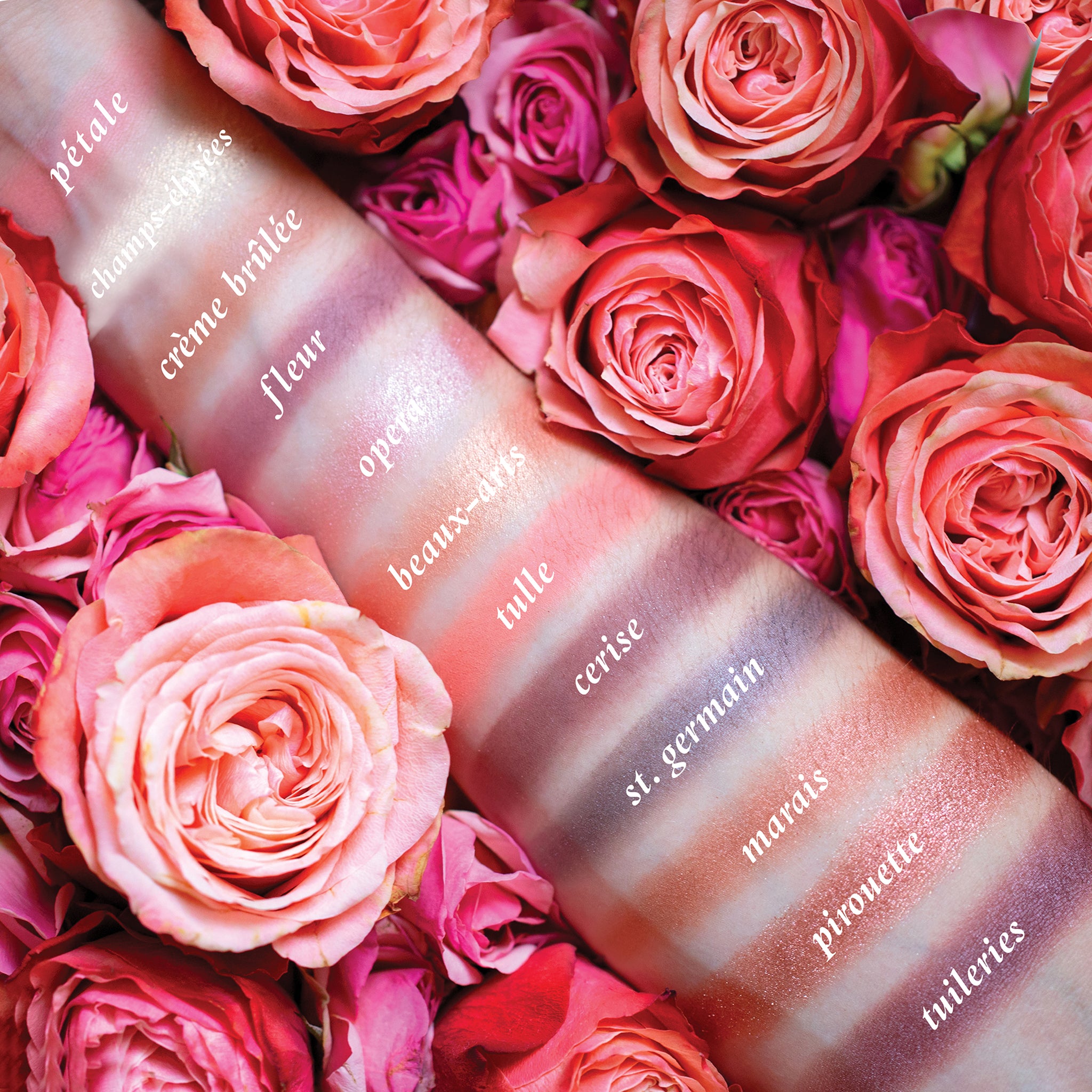 Swatches of eyeshadow powders from the Paris Edit palette on fair skin, showcasing versatile tones to highlight and emphasize the eyes.