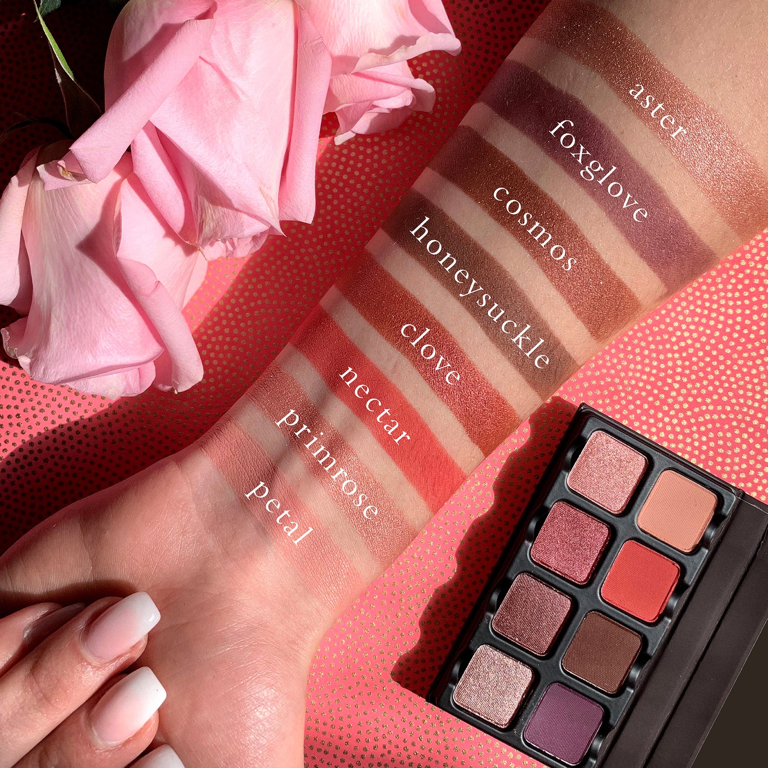 Swatches of plum, mauve, and soft berry shades from Petit Pro Deux on fair skin tone.
