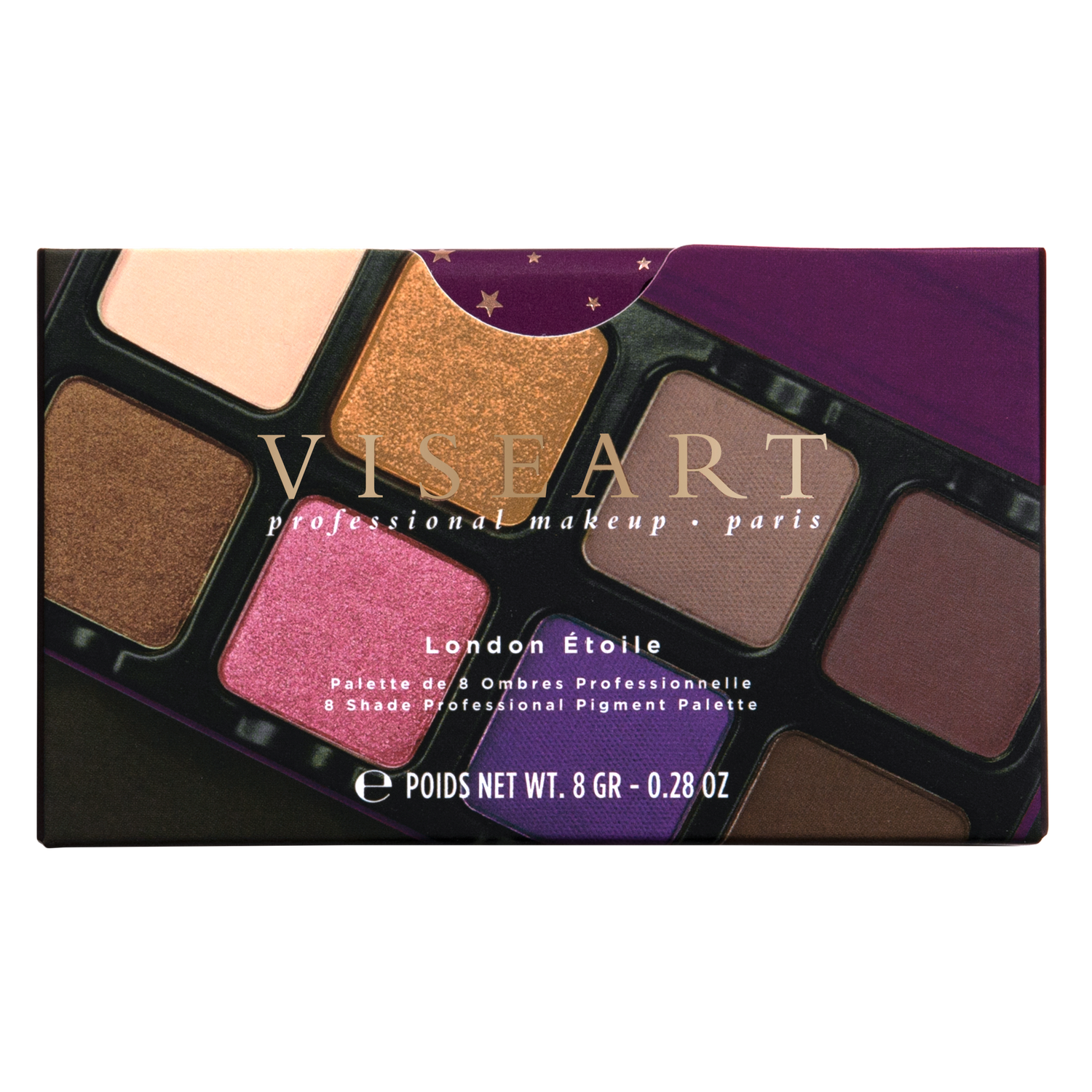 Closed view of Petit Pro London Étoile featuring cool plum, deep aubergine, and smoky violet shades in matte and shimmer finishes.