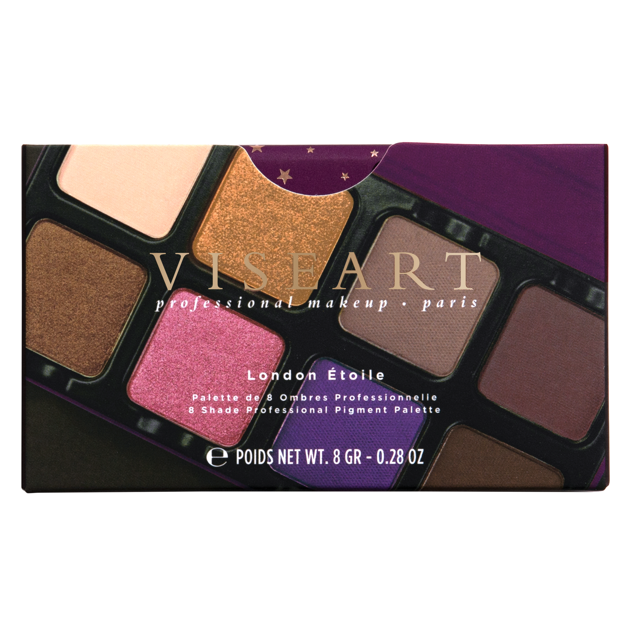 Closed view of Petit Pro London Étoile featuring cool plum, deep aubergine, and smoky violet shades in matte and shimmer finishes.