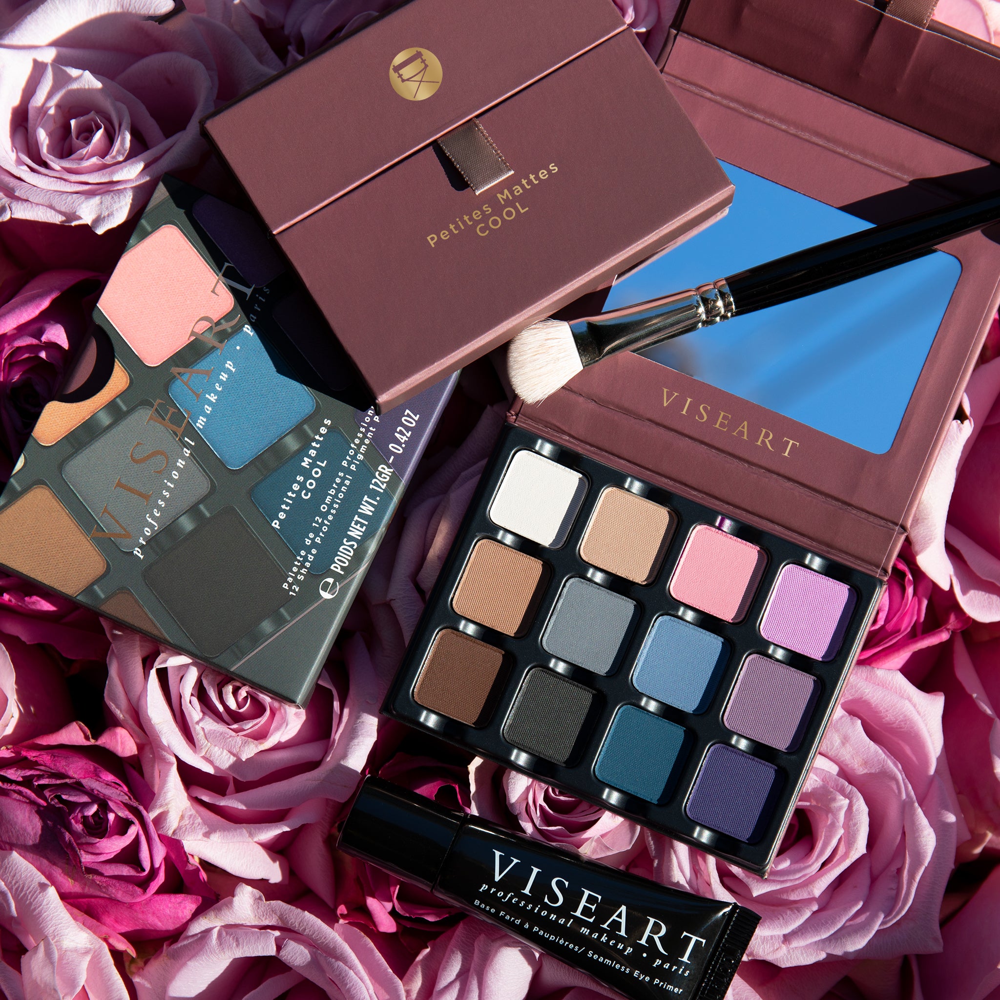 Group image of Petites Mattes palettes focusing on cool and romantic shades in coordinated packaging.