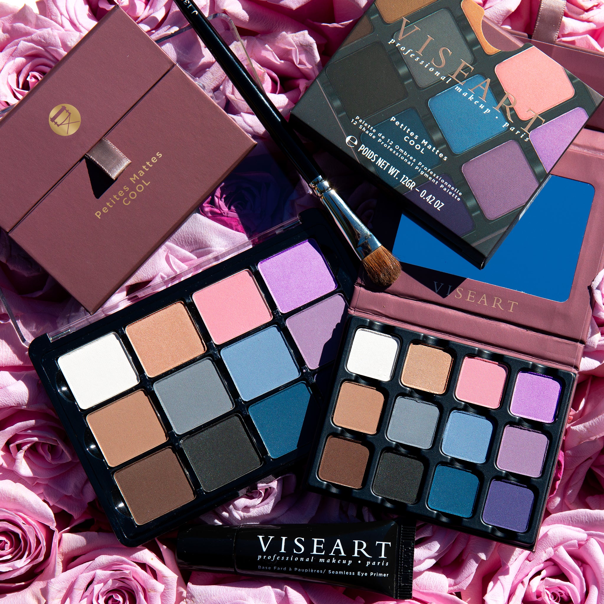 Group image of Petites Mattes palettes focusing on cool and romantic shades in coordinated packaging.