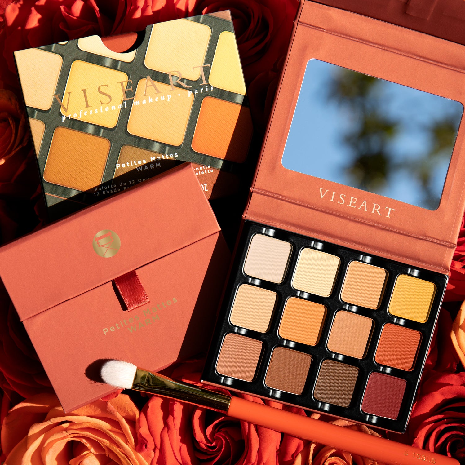 Group image of Petites Mattes palettes with warm tones displayed together in compact travel-ready format.