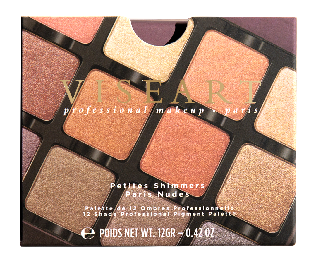 Closed Petites Shimmers Sultry Muse 12-pan palette original packaging showing 12 pressed powders in a range of warm brown, rose, copper, and silver shades.
