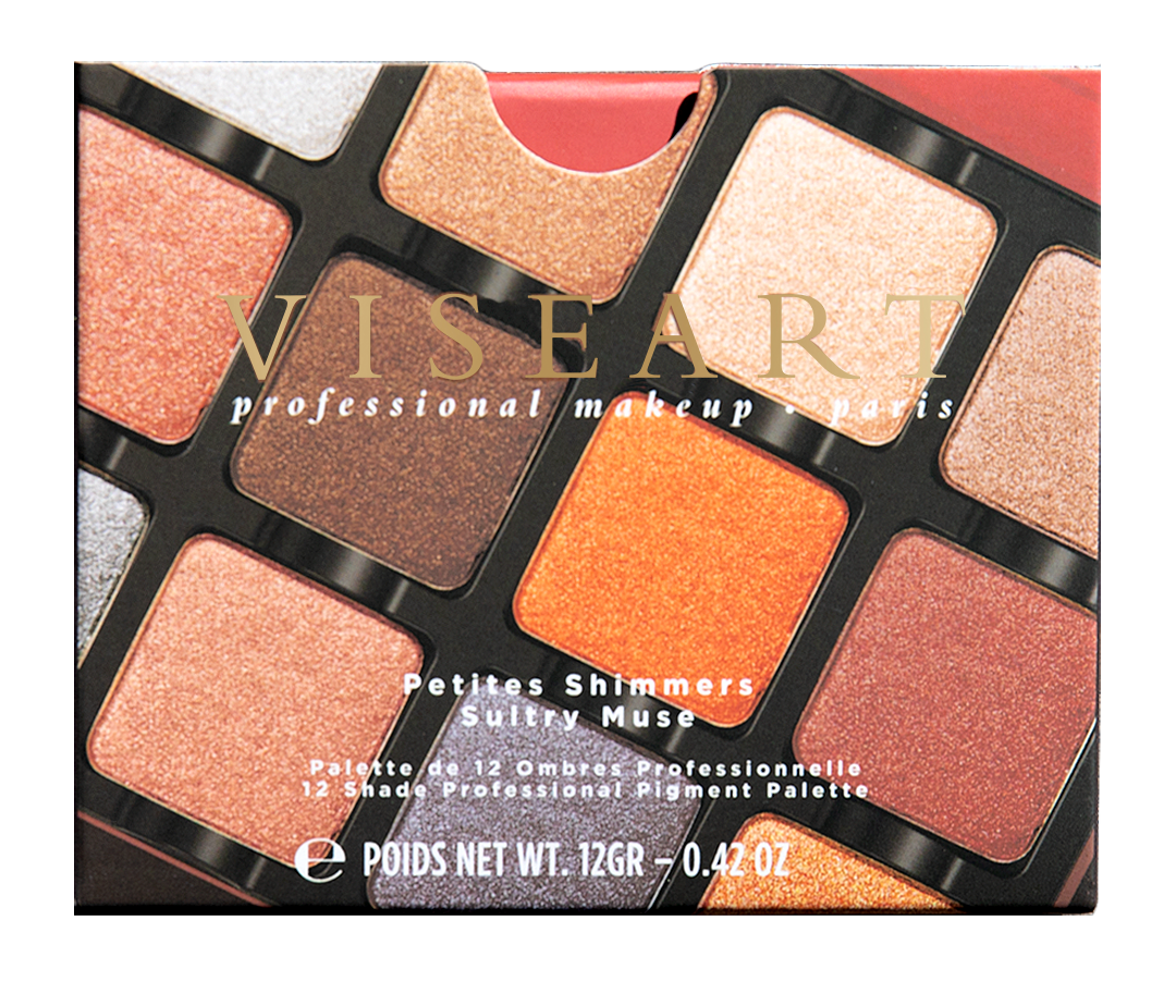Closed Petites Shimmers Sultry Muse 12-pan palette displaying 12 pressed powders in a range of warm brown, rose, copper, and silver shades in satin, metallic, and shimmer finishes.