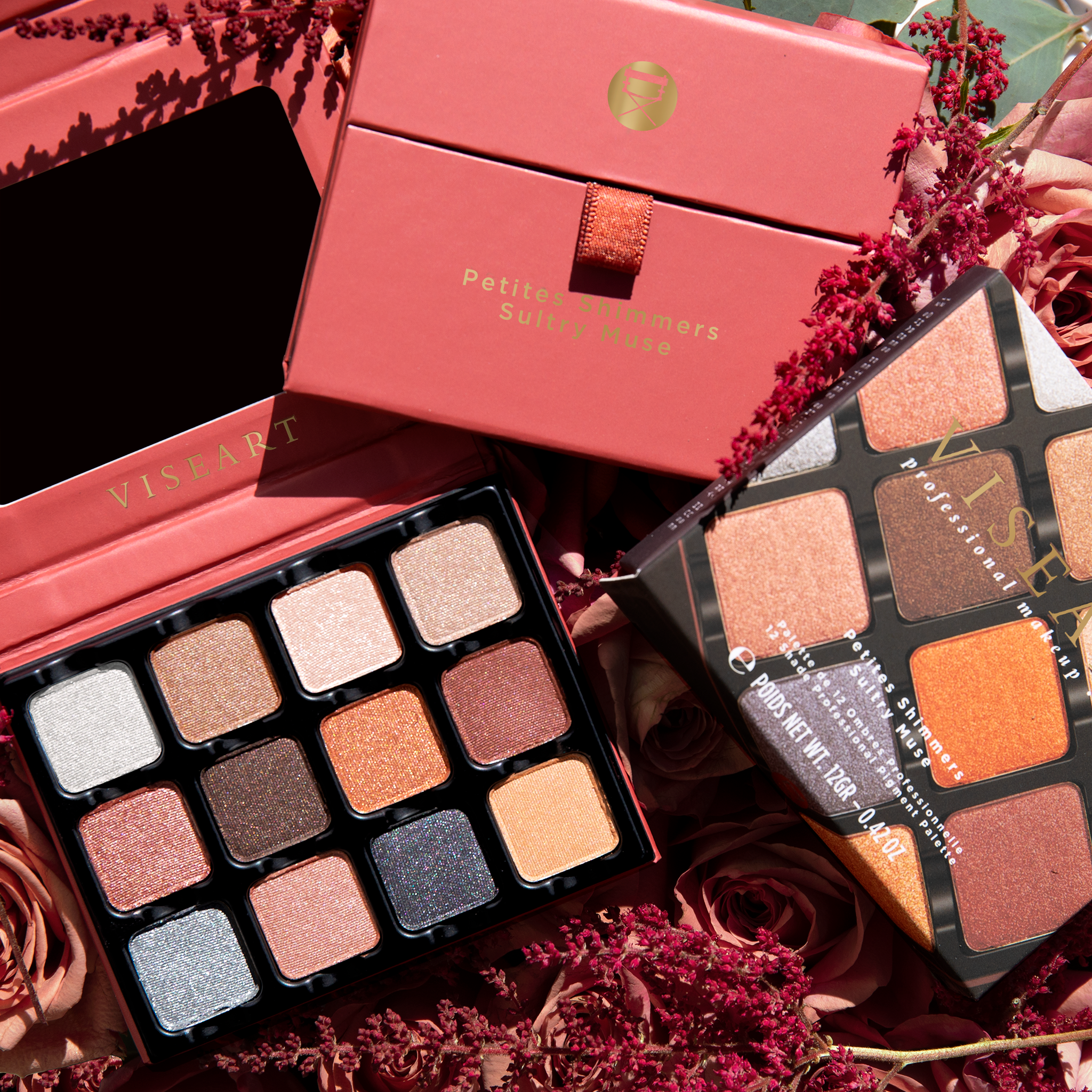 Open Petities Shimmers Sultry Muse 12-pan palette showcasing a warm array of pressed powders, grouped with one closed Petites Shimmers Sultry Muse palette and one Petite Shimmers Sultry muse palette in the original packaging.