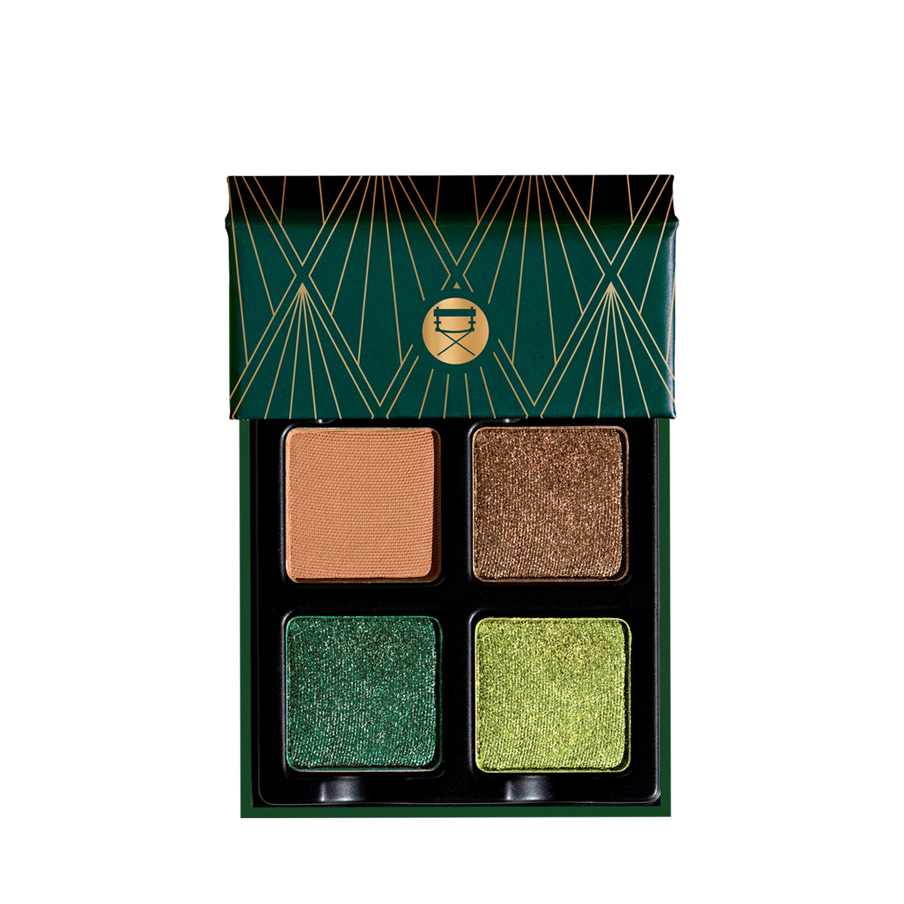 Open Petits Fours - Peridot 4-pan palette showcasing pressed powders in metallic forest and bright green, metallic khaki, and matte buff-brown.