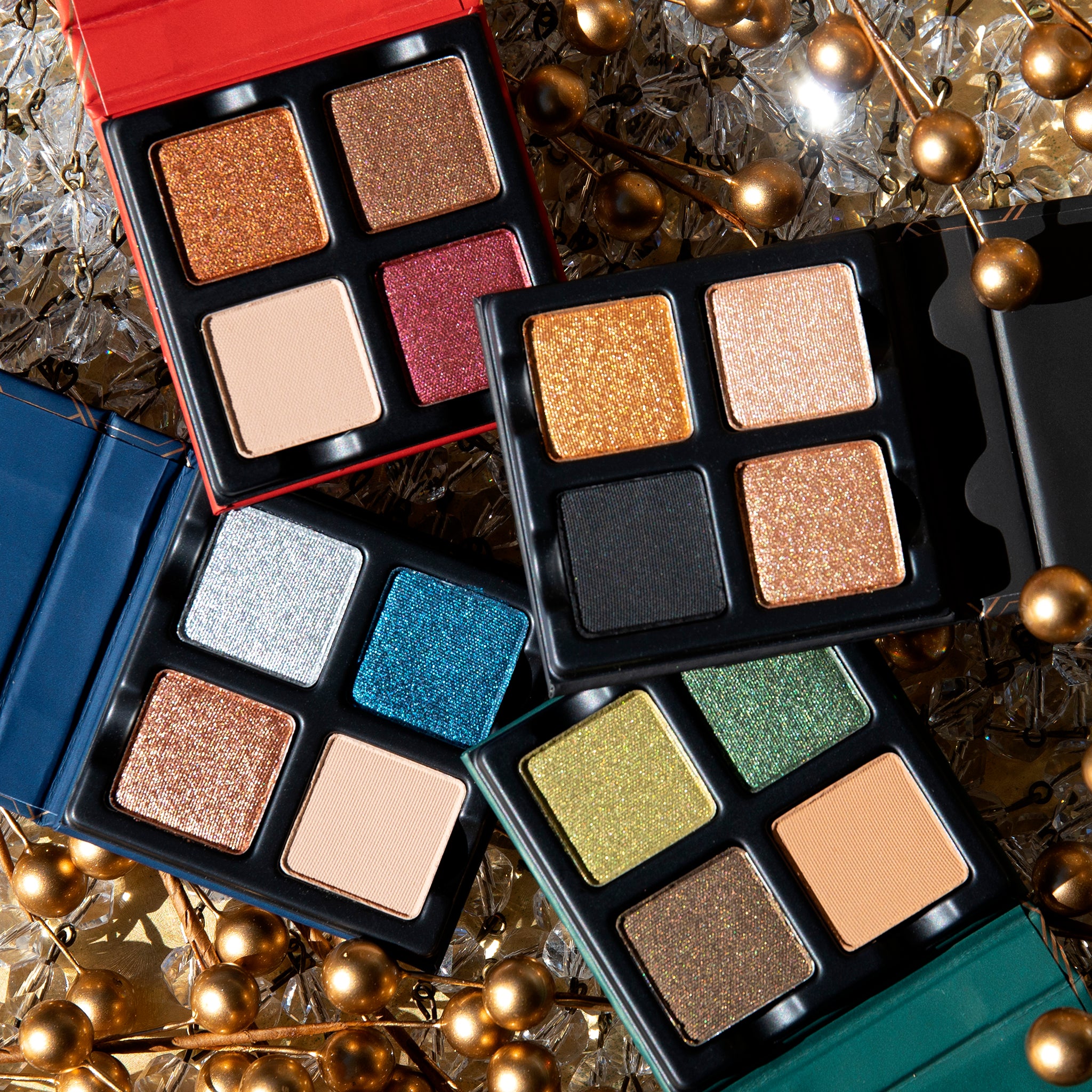 Open Petits Fours - Peridot 4-pan palette showcasing pressed powders in metallic forest and bright green, metallic khaki, and matte buff-brown. Grouped with 3 other Viseart Paris Petits Fours