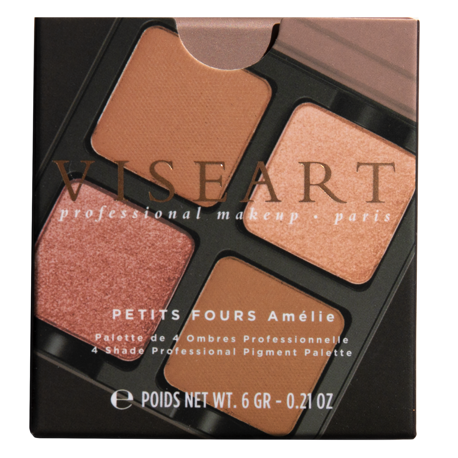 Closed Petits Fours Amélie palette carton showing champagne shimmer, soft peach matte, and rose gold satin shades.