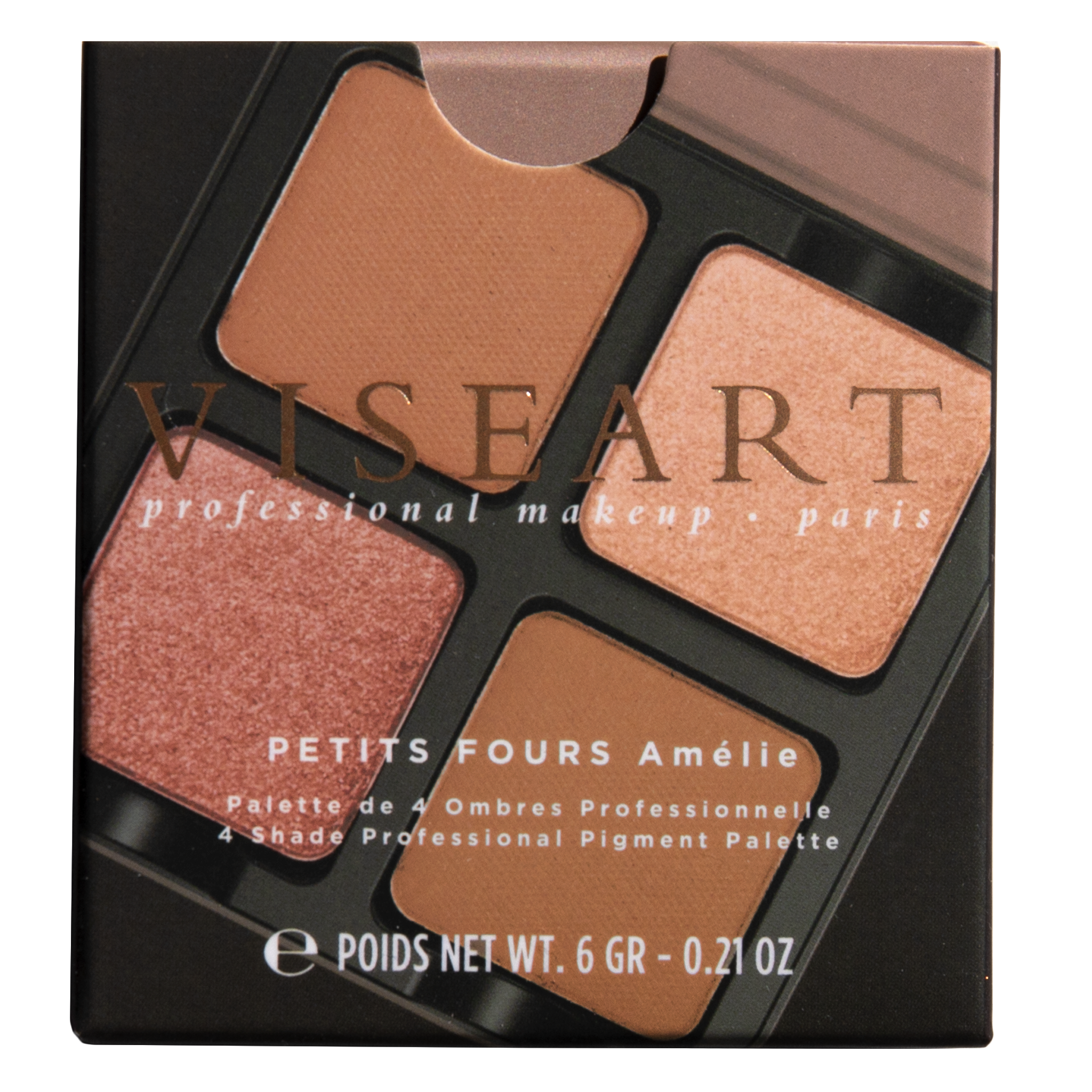 Closed Petits Fours Amélie palette carton showing champagne shimmer, soft peach matte, and rose gold satin shades.
