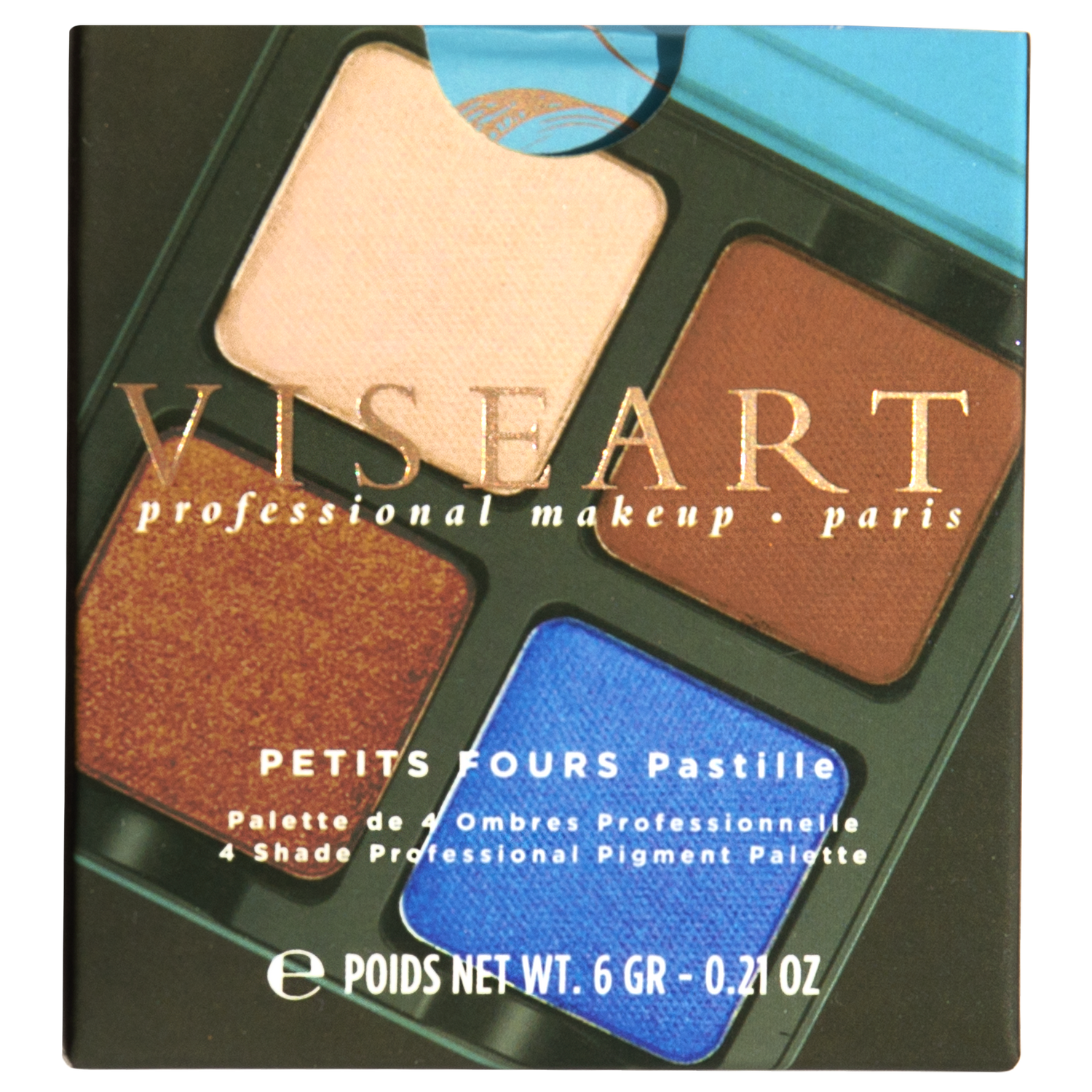 Closed view of Petits Fours Pastille palette with cream matte, rich brown, caramel shimmer, and cobalt blue accent.