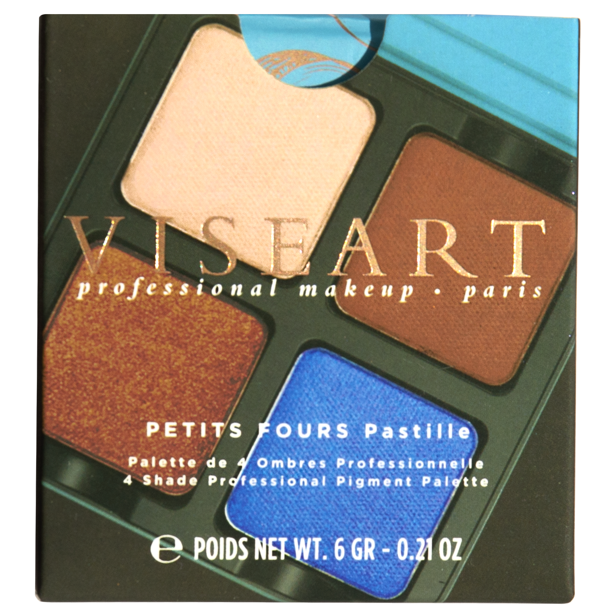 Closed view of Petits Fours Pastille palette with cream matte, rich brown, caramel shimmer, and cobalt blue accent.