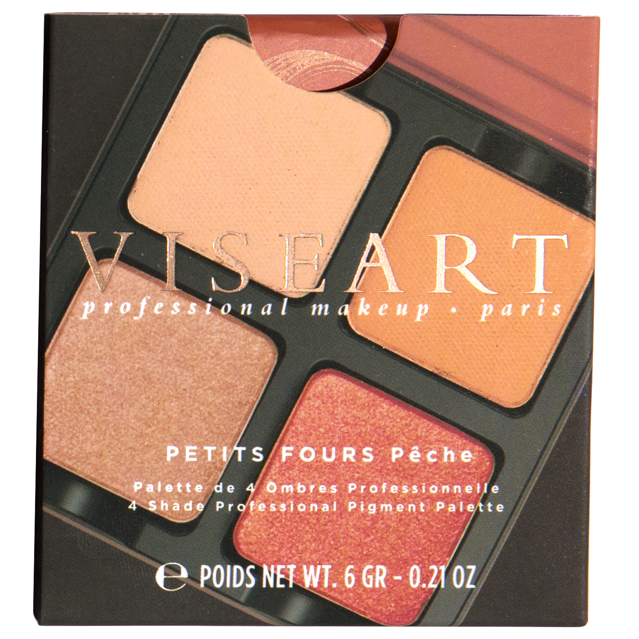 Closed Petits Fours Pêche Carton showing peach shimmer, coral satin, and soft apricot matte shades.
