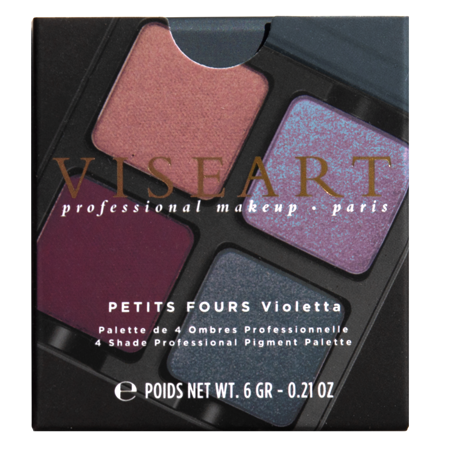 Closed Carton of Petits Fours Violetta palette with deep plum, mauve matte, gunmetal shimmer, and purple duochrome.