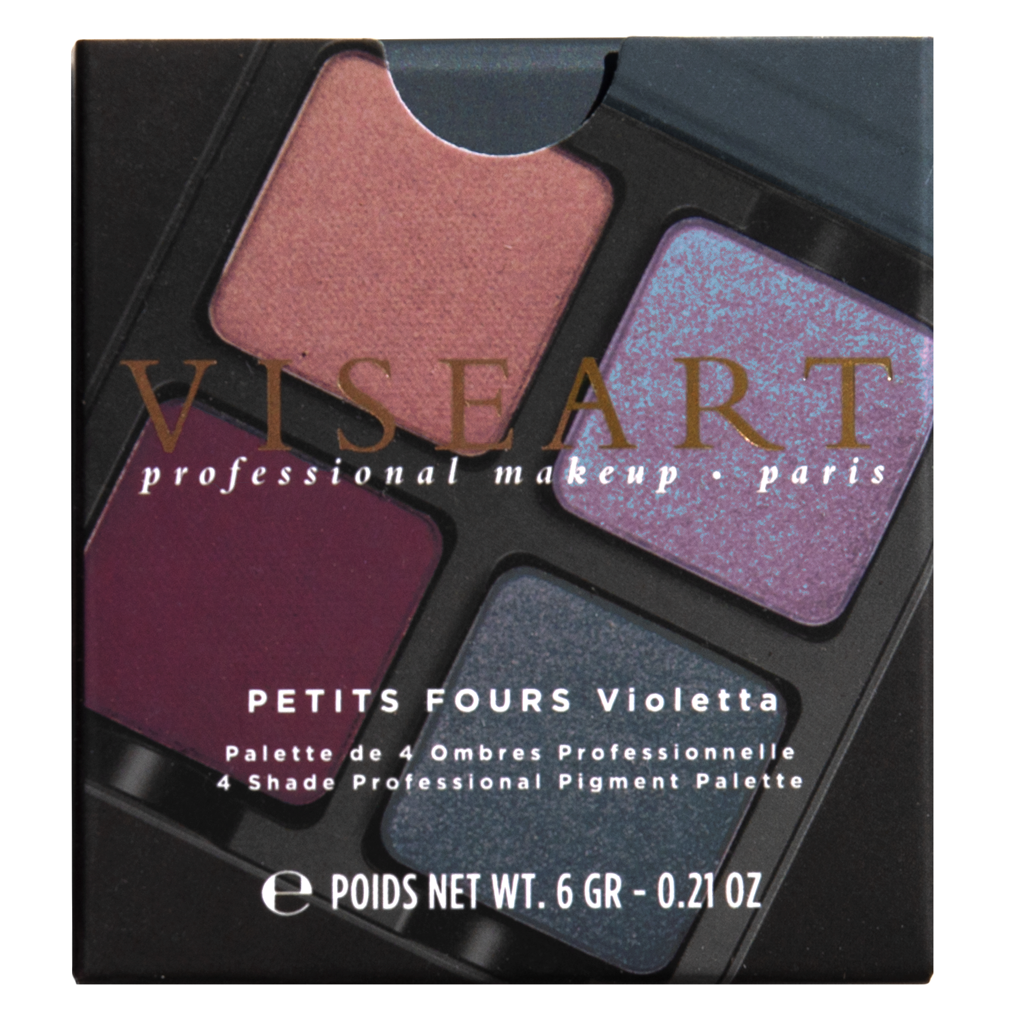 Closed Carton of Petits Fours Violetta palette with deep plum, mauve matte, gunmetal shimmer, and purple duochrome.