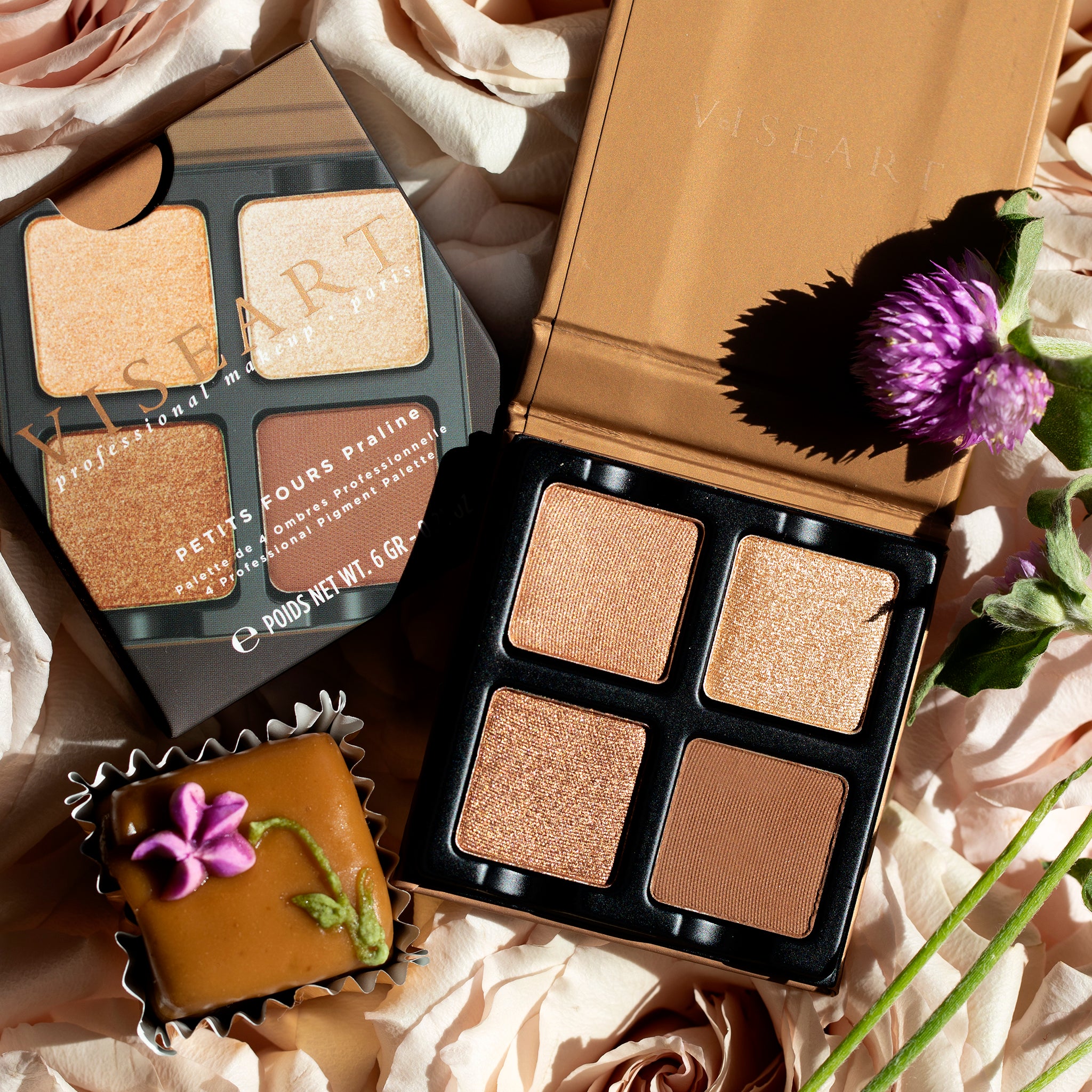 Petits Fours Praline palette with golden champagne shimmer, taupe matte, and neutral brown tones.