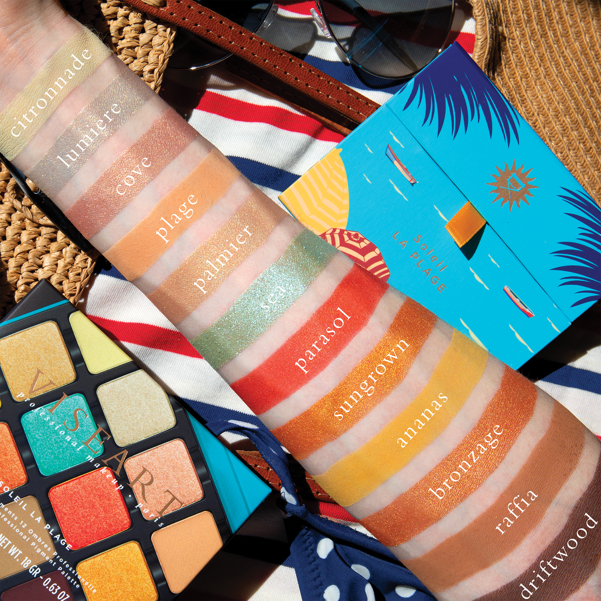 Swatches on fair skin of tangerine, golden peach, and radiant coral showing bold shimmer and warm glow.