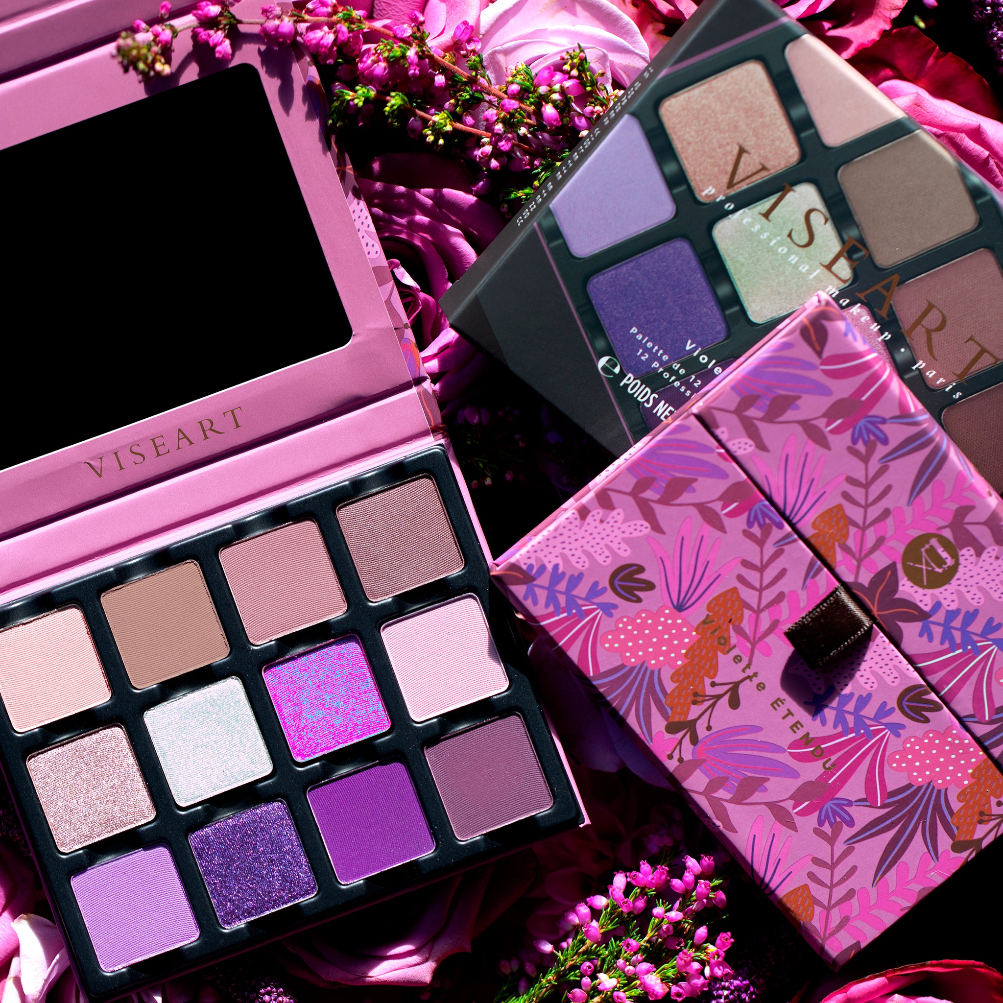 Violette Étendu featured in a group image with other purple-toned Viseart palettes, highlighting a violet colour story.