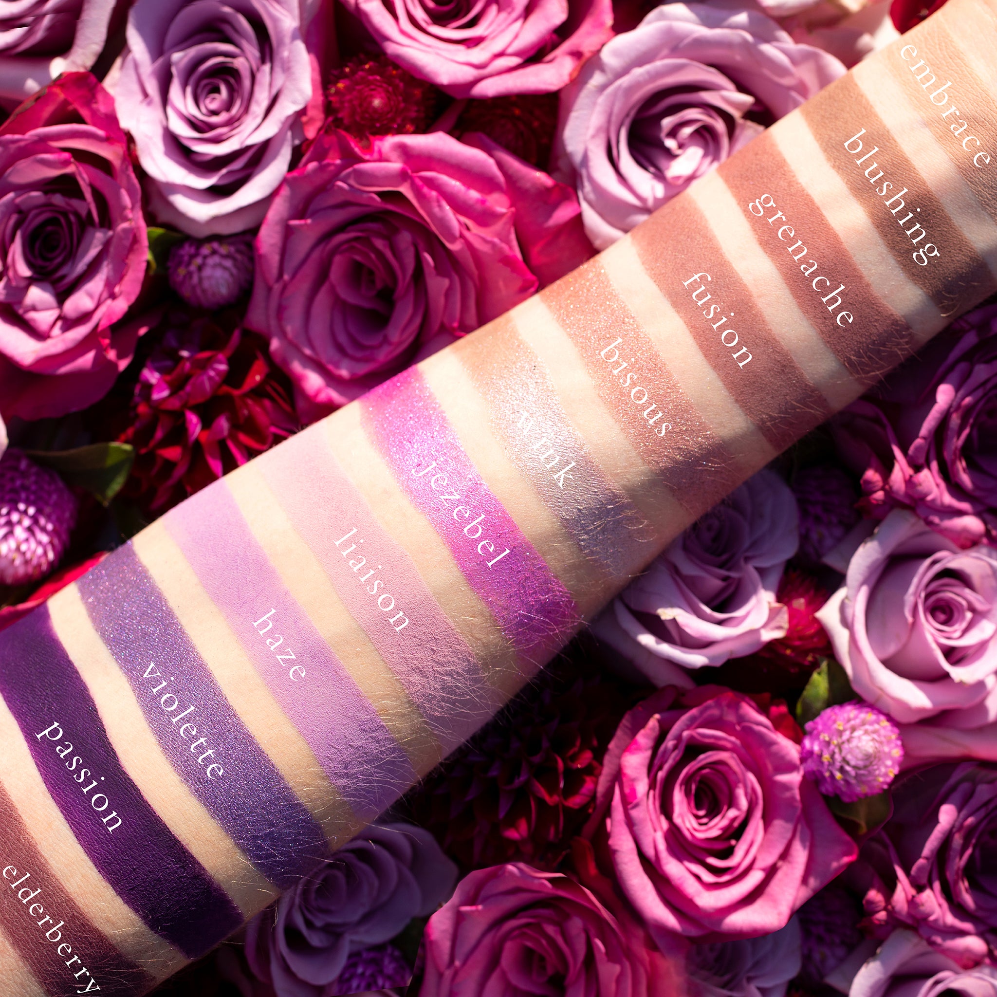 Swatches of Violette Étendu on fair skin featuring amethyst, icy flip, orchid, and mauve shades.