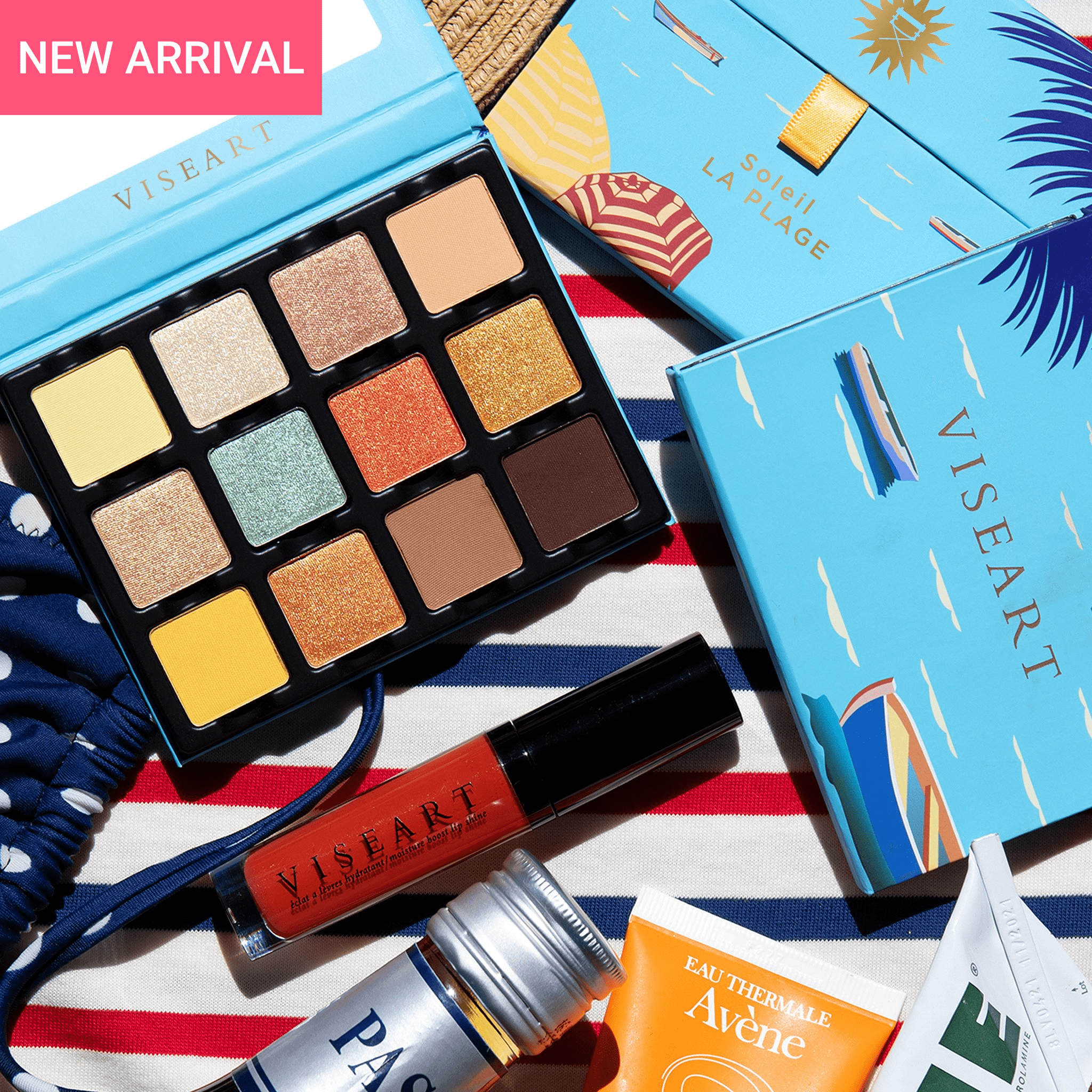 Open palette of vibrant beach tones including coral shimmer, sunbeam gold, and bronze foil for summer glam.